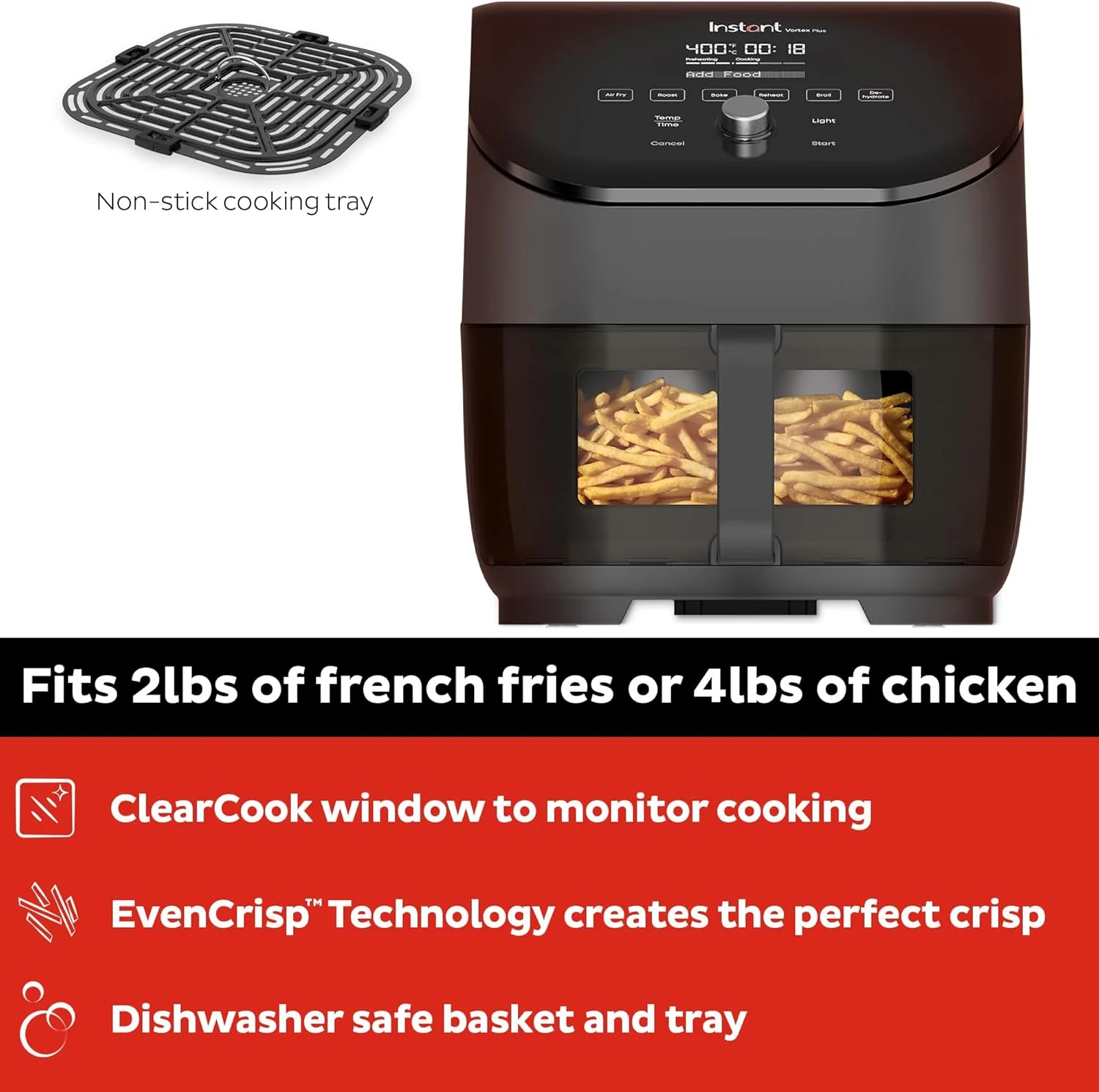 6-liter air fryer, equipped with a clear viewing cooking window, a digital touchscreen, built-in applications (including over 100 recipes), single-bowl design, and a black exterior.