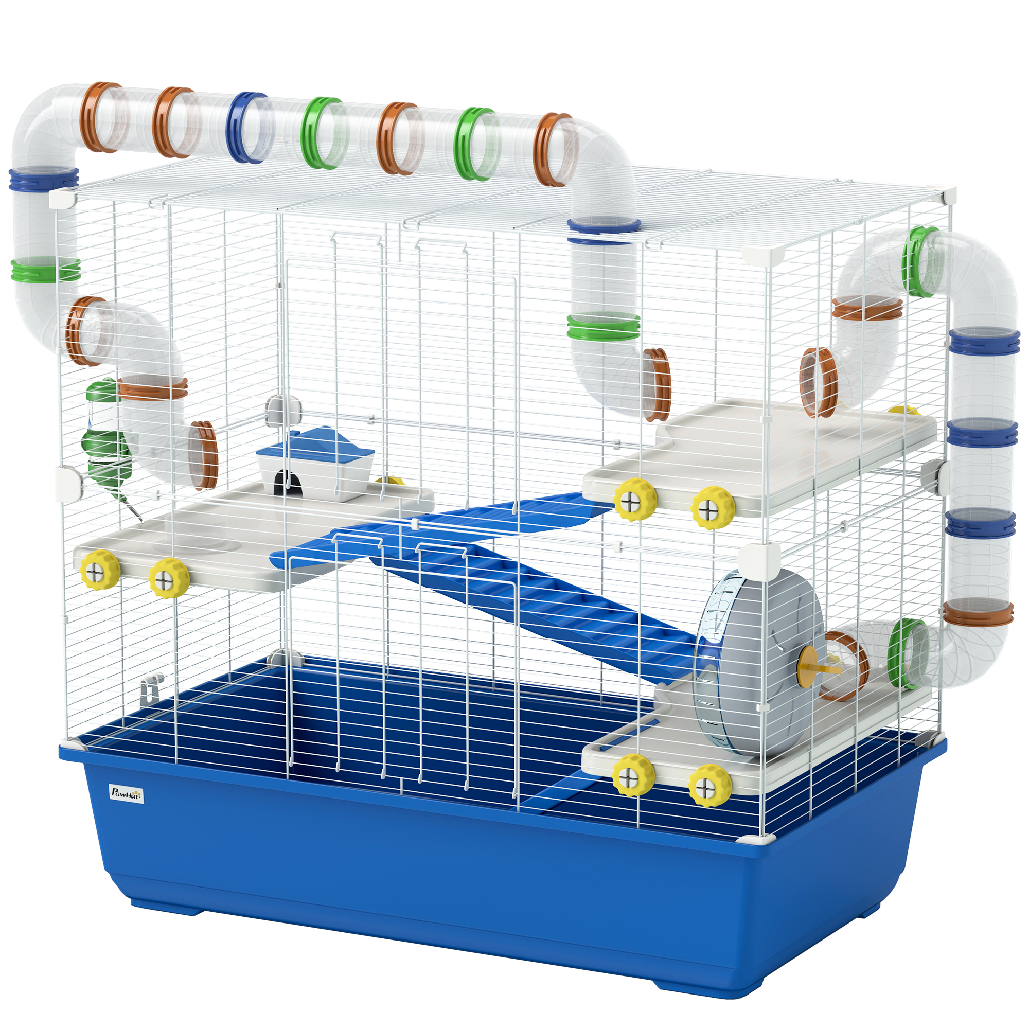 PawHut Hamsterkäfig mit 4 Ebenen, Kleintierkäfig mit Tunnelsystem, Hütte, Laufrad, für Zwerghamster, 78 x 45 x 73 cm, Blau