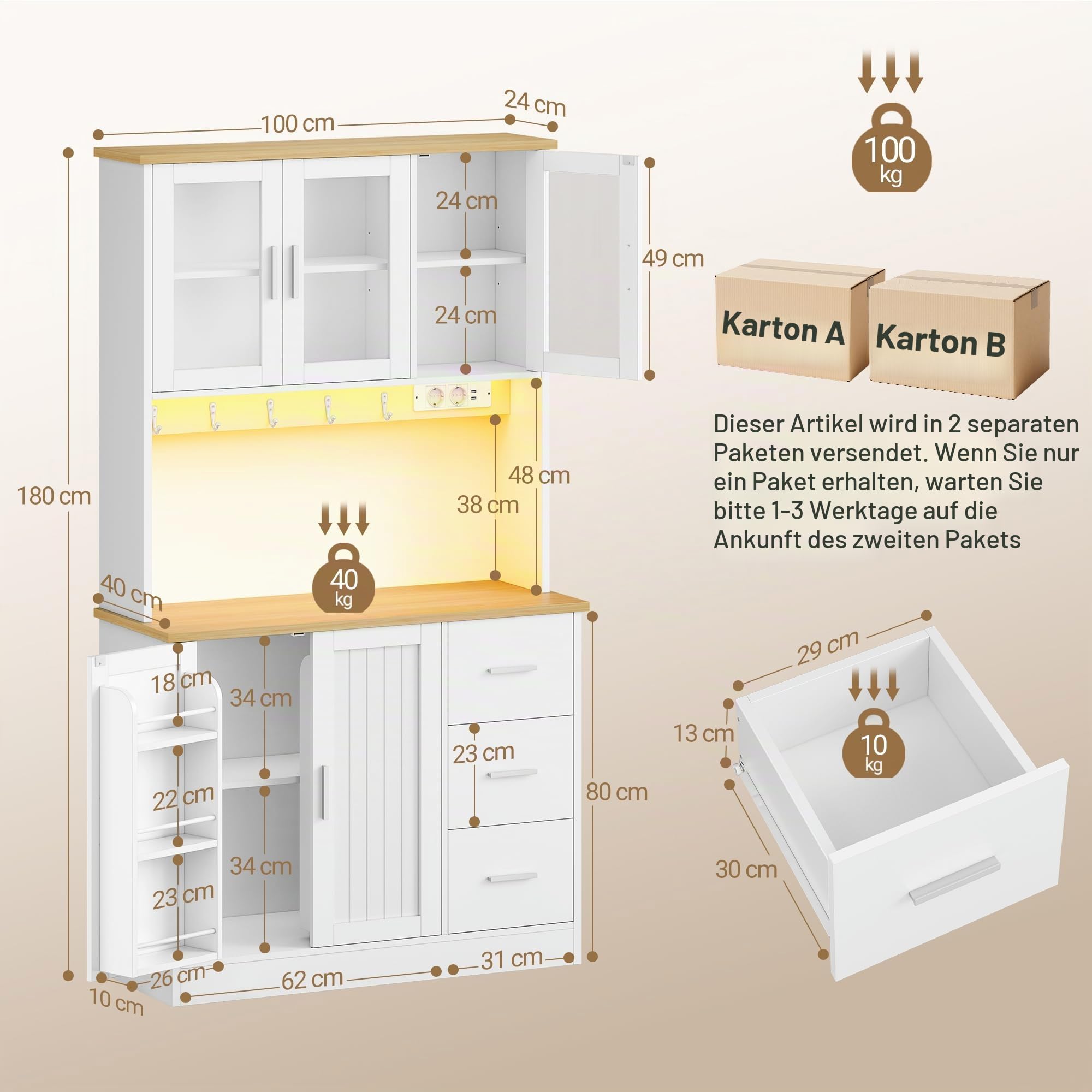 Buffetschrank Küchenschrank mit 3 Glastüren, 3 Schubladen und 6 Ablagen hinter den Türen, 100 cm breit