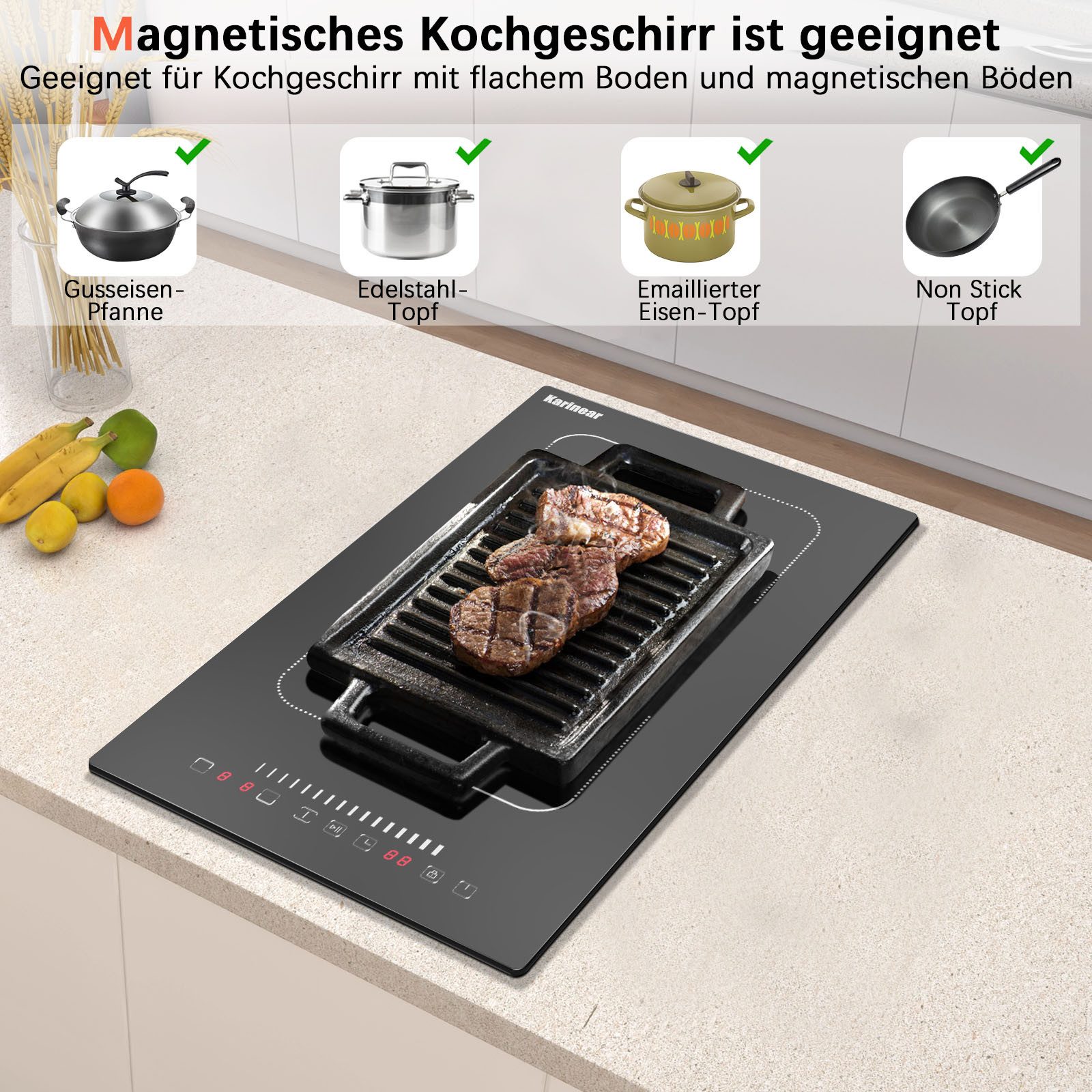 Induktions-Kochfeld 2 Platten, 3500W, Touch-Bedienung, Kindersicherung VDE-Stecker