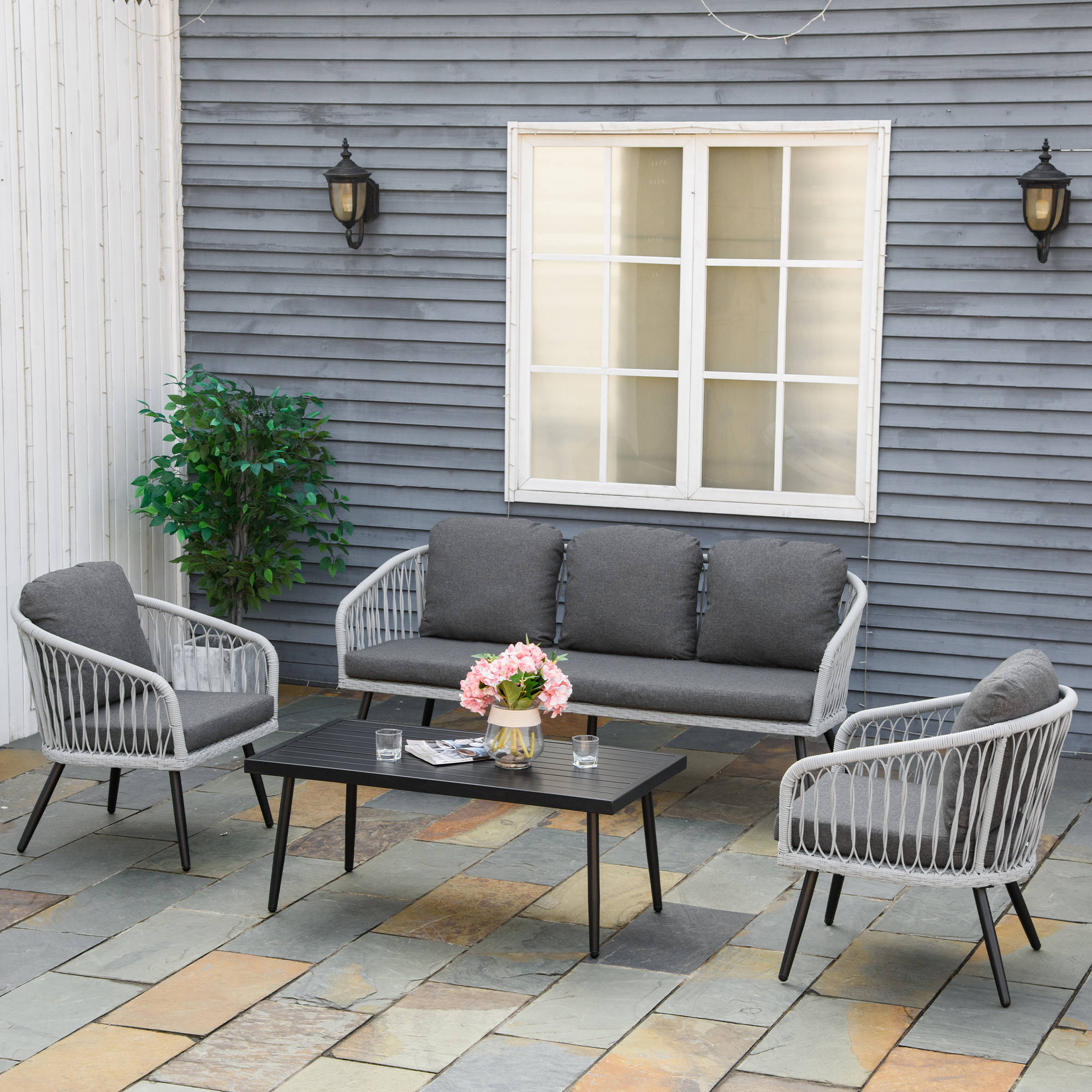 4-delige poly rotan tuinmeubelset grijs