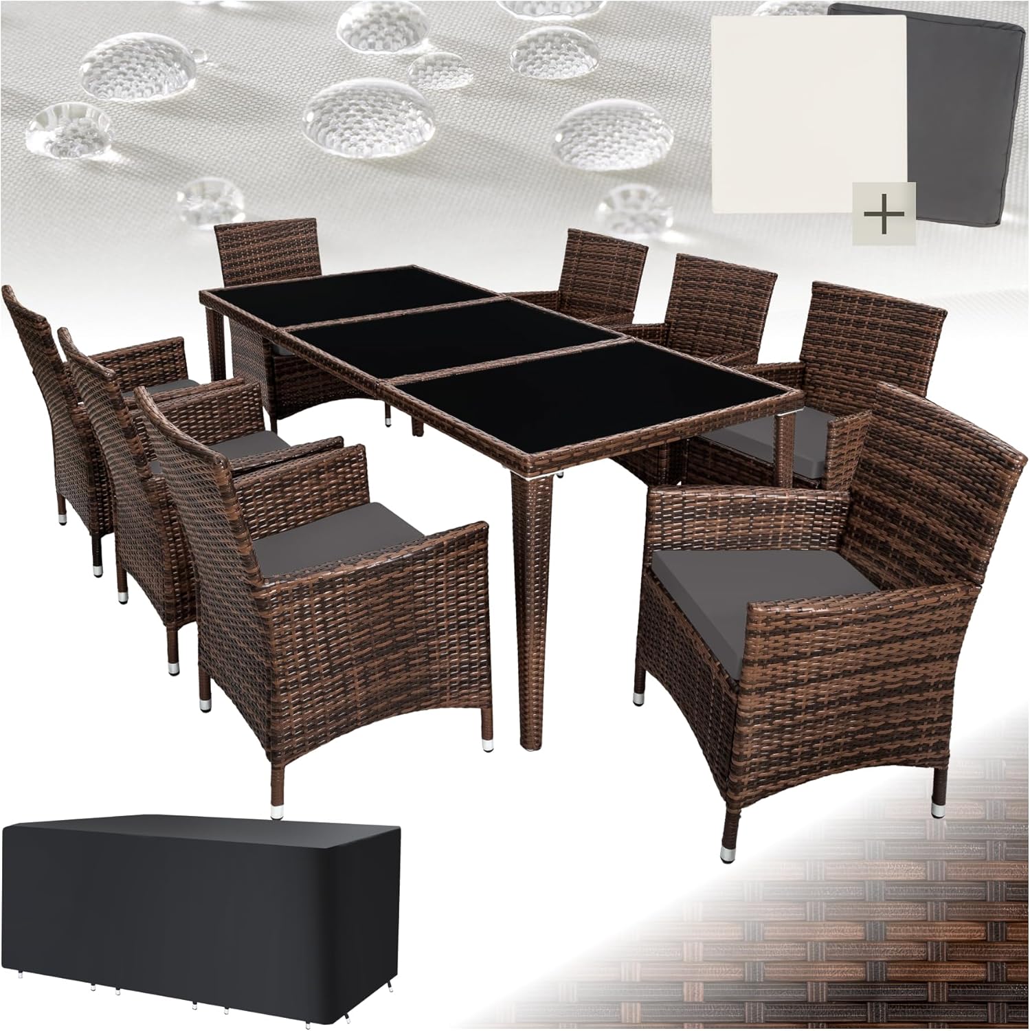 tectake Garden Furniture Set, Set of 8 Chairs and Garden Table, Adjustable, Soft Cushions, 2 Sets of Covers, Rain Cover, Outdoor Rattan Set - Black/Brown