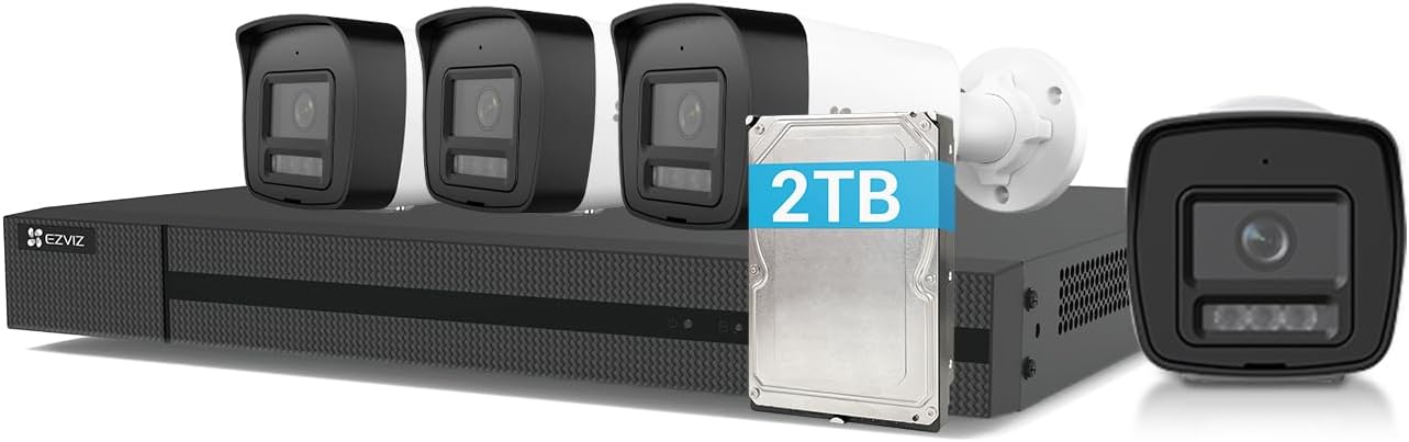 EZVIZ 4K PoE Kit Telecamera da Esterno, 4K NVR 4CH 16TB + 4x 8MP Telecamera, Rilevamento di Uomo/Veicolo, Visione Notturna a Colori, Impermeabile IP67, Registrazione 24/7
