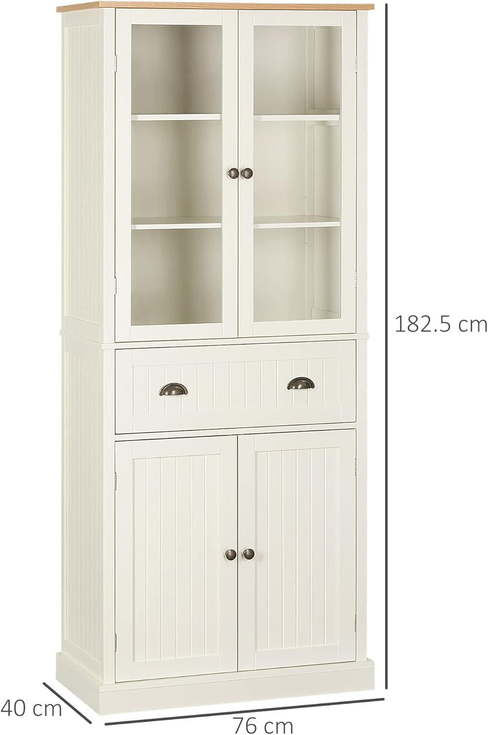 HOMCOM Mobile Dispensa a 5 Livelli con Cassetto Centrale, Dispensa per Cucina, Sala da Pranzo e Soggiorno con Ripiani Regolabili e Ante in Vetro Temperato, 76x40x182.5 cm, Bianco Crema