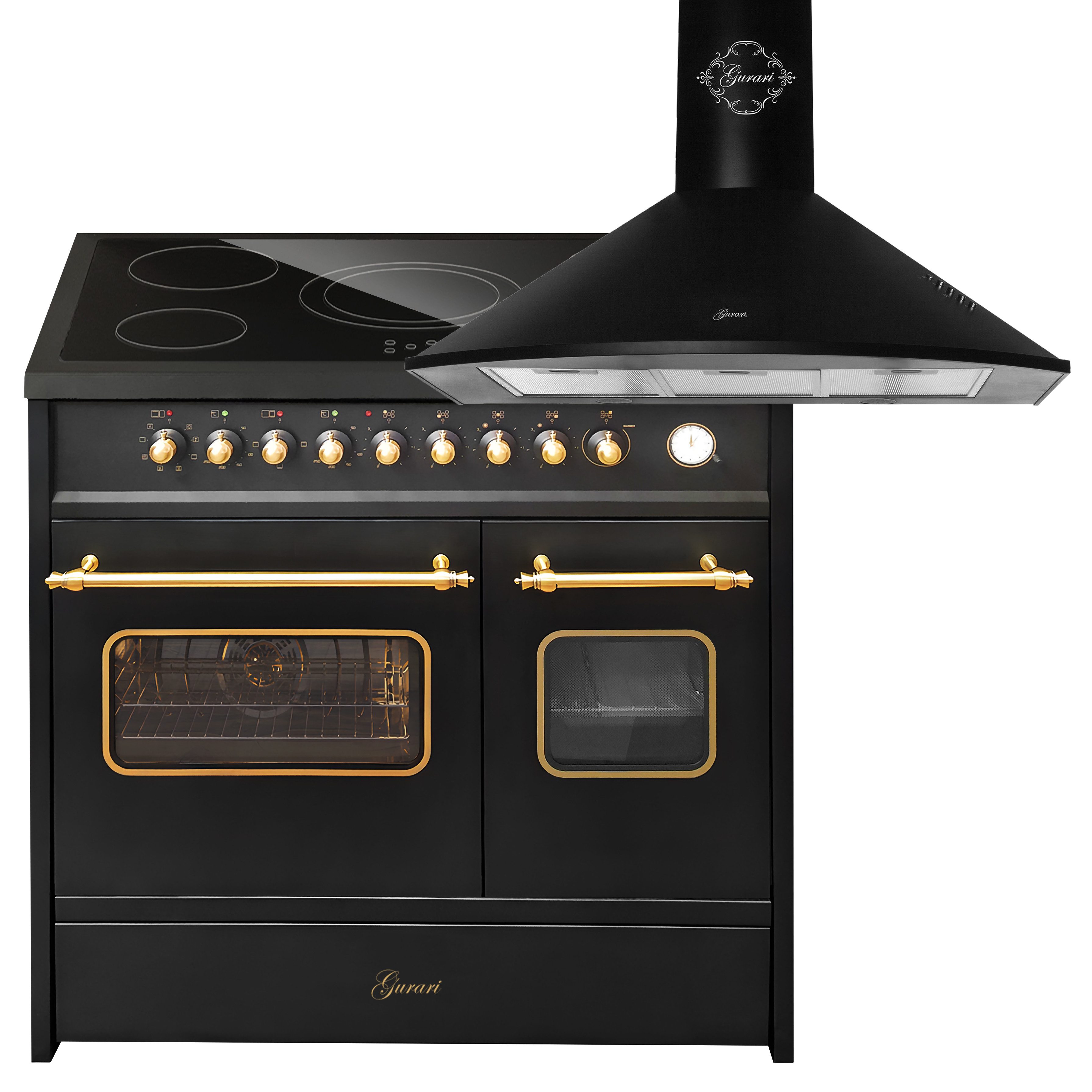 Elektro-Standherd Glaskeramik Herd 90 cm Schwarz Range Cooker Elektro Doppelbackofen mit Dunstabzugshaube 90 cm 1000m³/h Wandhaube Schwarz GCH E 912 DF BL r+GCH 046 Bl 9.
