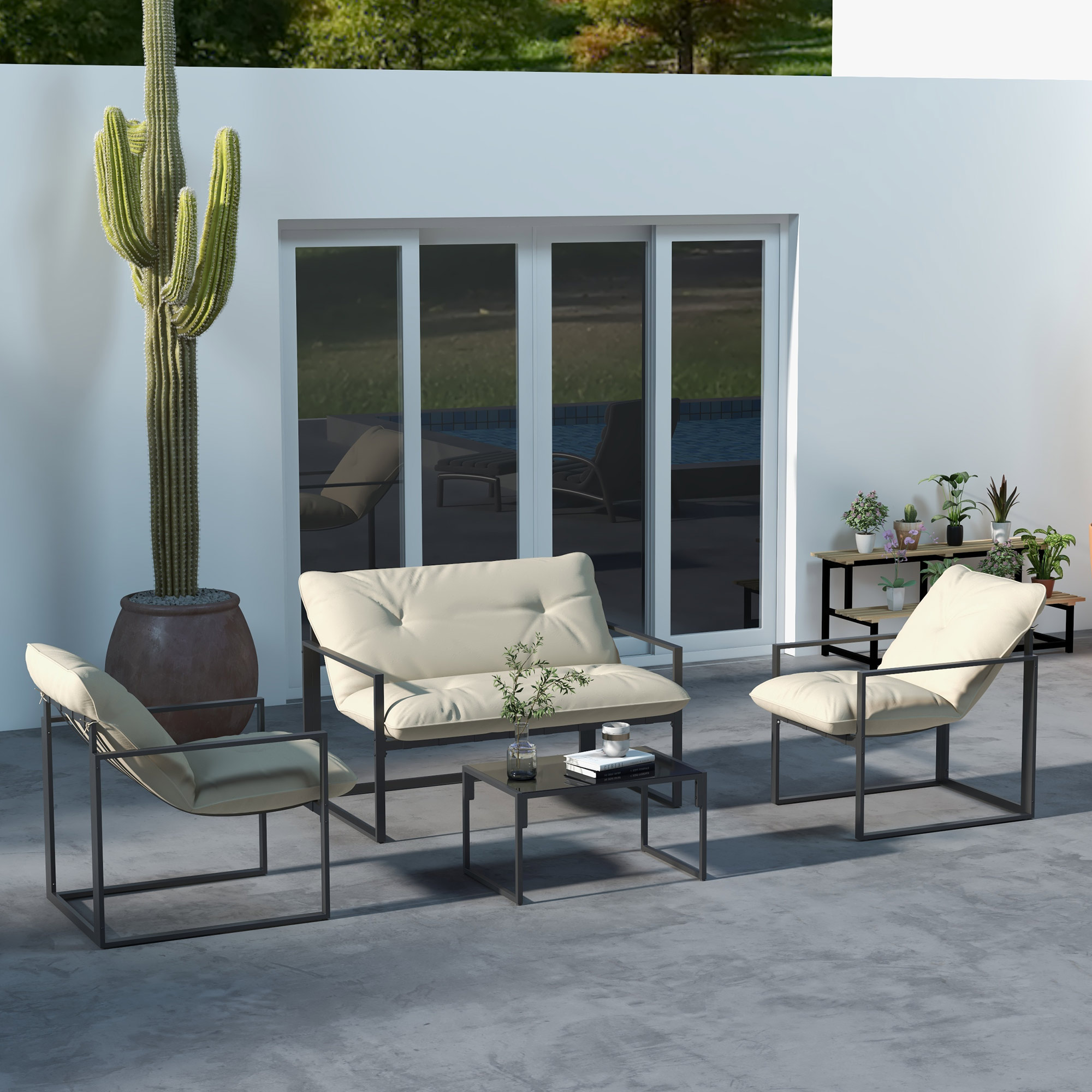 Tuinmeubelset met Glazen Tafel, 2 Stoelen, 1 Bank, Weerbestendig, 114 cm x 70 cm x 67 cm, Grijs+Beige