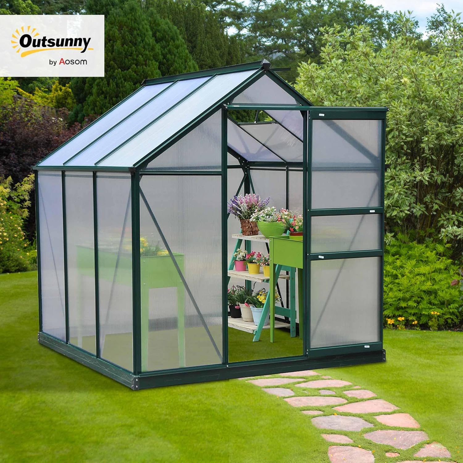 Outsunny Serra da Giardino in Policarbonato con Telaio in Lega di Alluminio 3.65㎡, Serra per Orto con Grondaie, Finestra a Tetto per Ventilazione, Porta Scorrevole, per Piante, 190x192x201cm, Verde