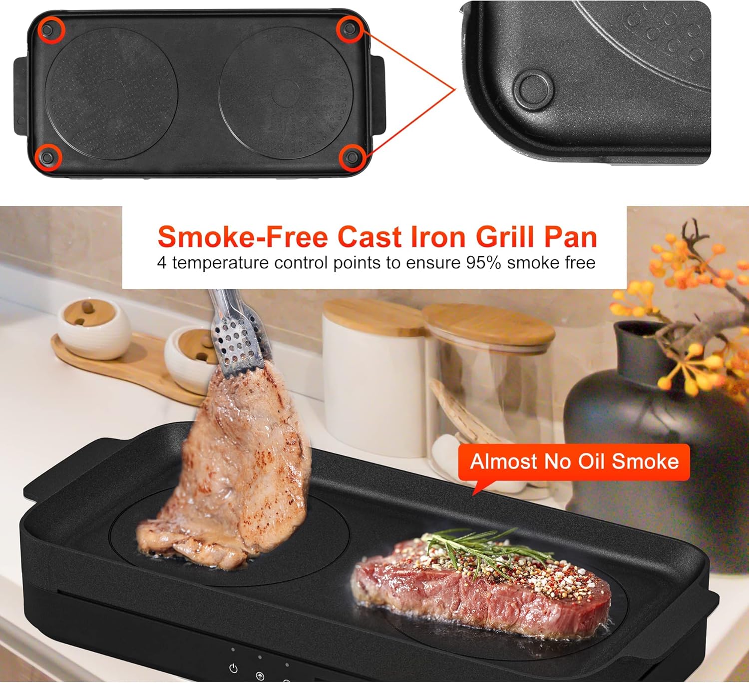 COOKTRON Portable Induktionskochfeld 2 Brenner mit abnehmbarem Eisen Guss Grillpfanne Antihaft, 2800W Doppelinduktionskochfeld mit Kindersicherung Zeit, ideal für Familienfeier