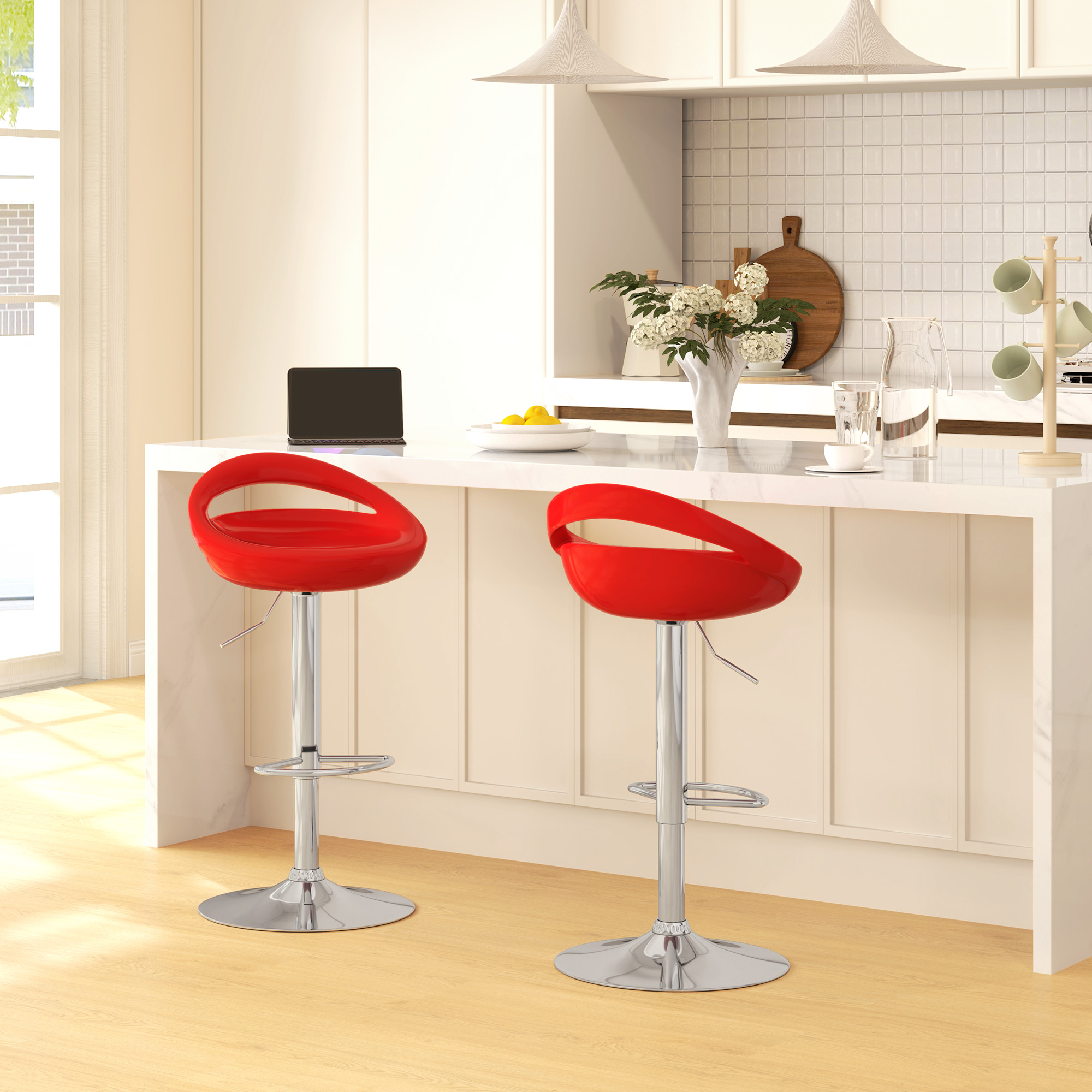 HOMCOM Set 2 Barhocker drehbar mit Fußstütze, höhenverstellbare Stahlbasis ABS-Sitz, Rot
