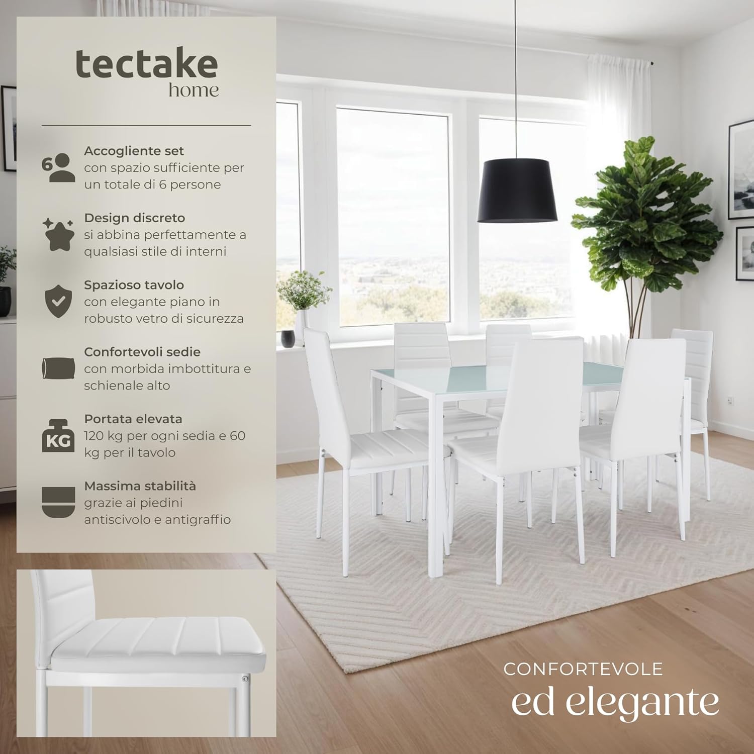 TecTake® Set di Mobili per Sala da Pranzo, 6 Sedie in Similpelle Resistente, Tavolo con Piano in Vetro, Design Moderno, Piedini SalvaPavimento, Ideale per Cucina e Soggiorno - Bianco