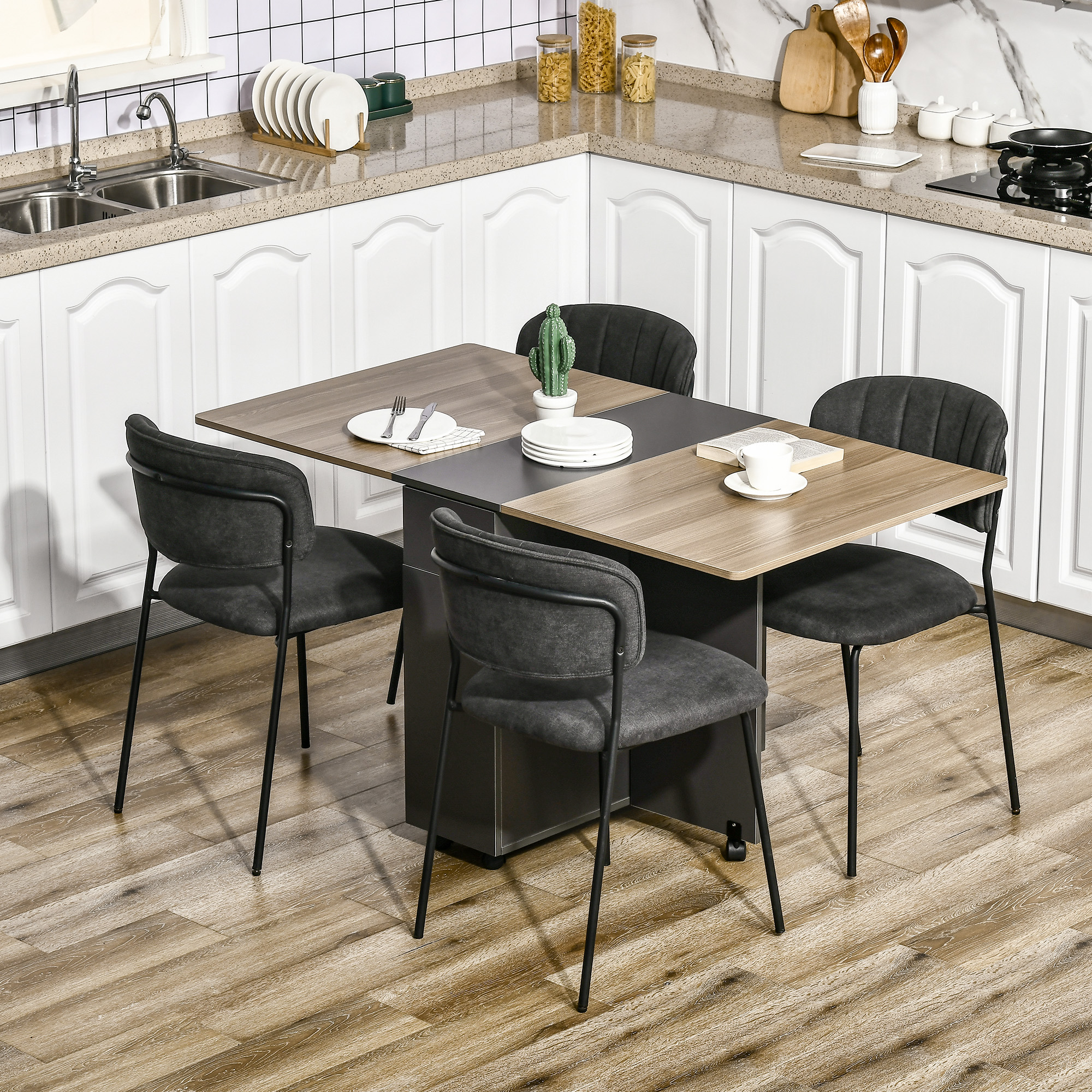 HOMCOM Klappbarer Esstisch auf Rollen mit Stauraum 2 Schubladen und 1 Schrank 76 x 140 x 74 cm