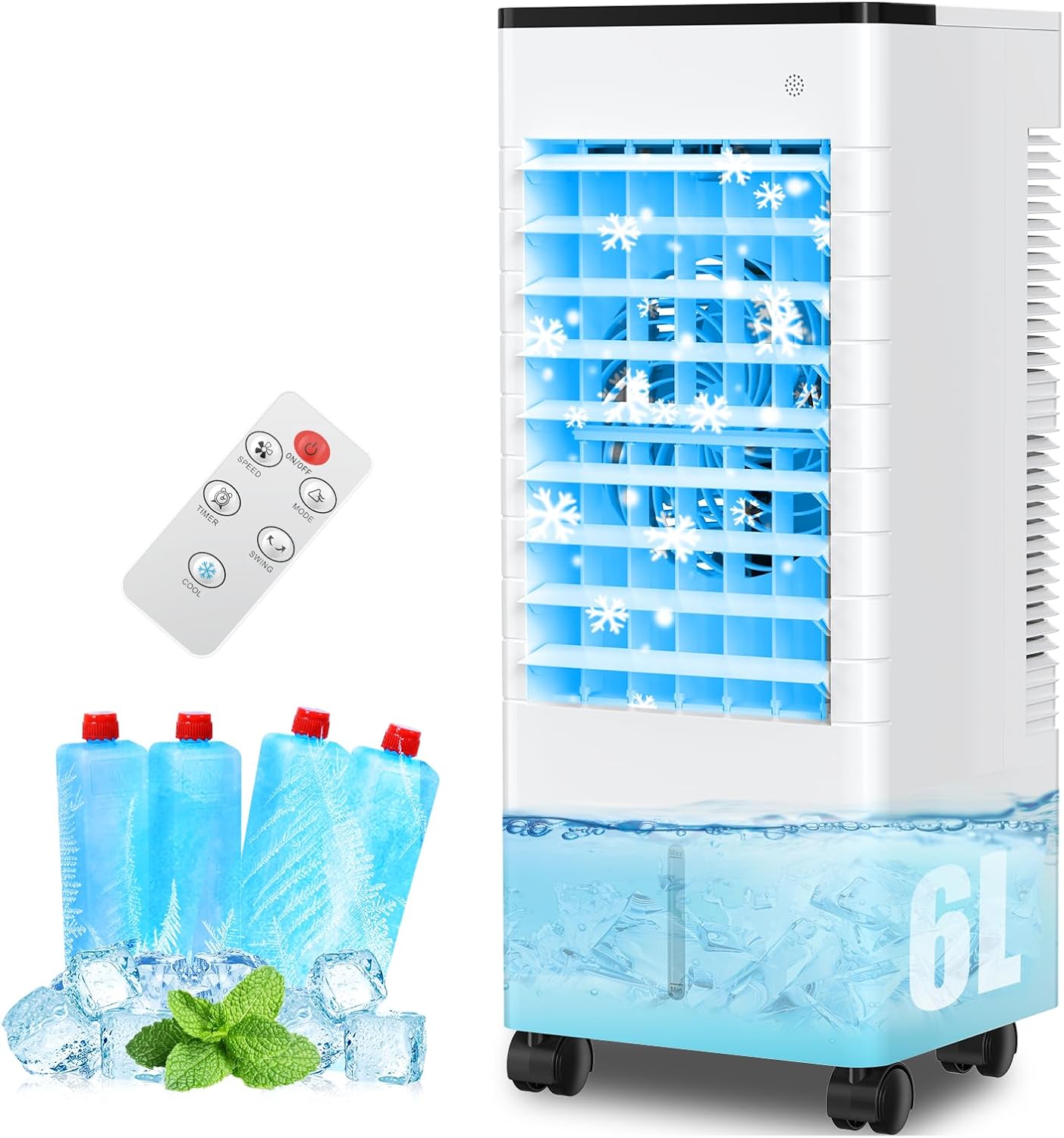 Condizionatore Portatile Senza Tubo, Silenzioso Raffreddatore d'aria Grande Serbatoio da 5.5 L, 4 in 1 Multifunzione Evaporativo Mobile, Timer da 7 ore,3 Velocità,con Telecomando,Senza Unità Esterna