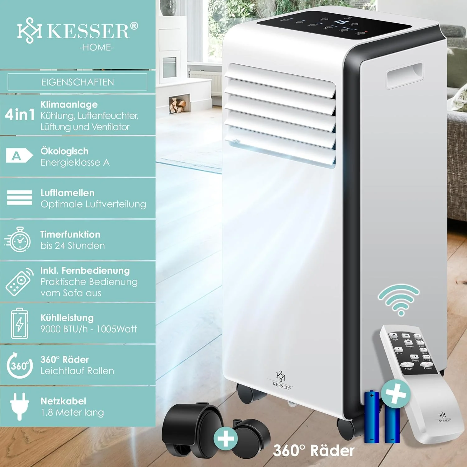 KESSER? Mobiele airco 4-in-1 koelen | Luchtontvochtiger ventileren | Ventilator 9000 BTU/u 1005W | Mobiele airconditioning met montagemateriaal, afstandsbediening & timer | Nachtmodus & 360�� wielen