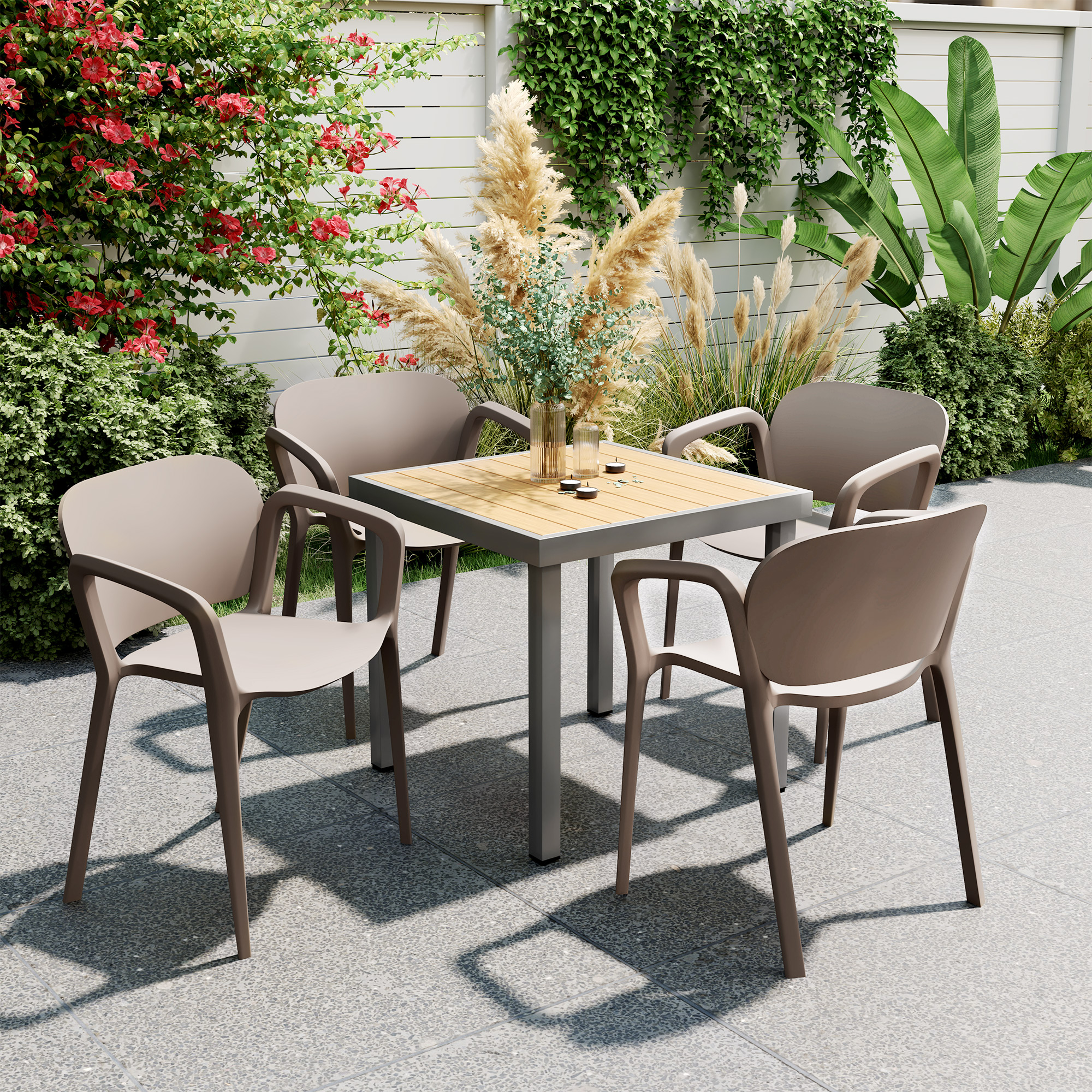 Outsunny 4-delige Tuinstoel Set Weerbestendig, Stapelbare Kunststof Stoelen met Armleuningen en Rugleuning tot 120 kg Belastbaar