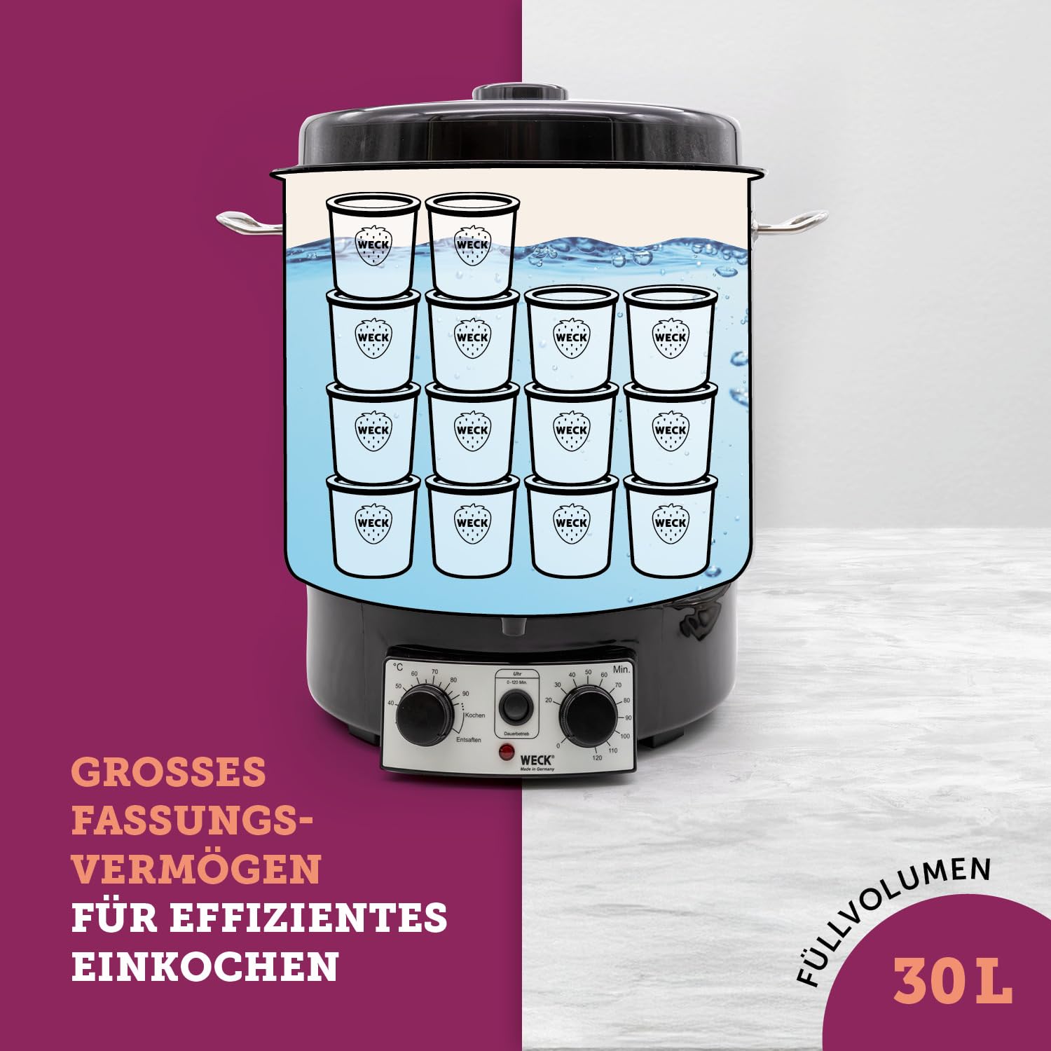 Einkochautomat WAT25-A aus Edelstahl mit Thermostat, Zeitschaltuhr und Auslaufhahn, 29 Liter, 1800 W, inkl. Einlegerost