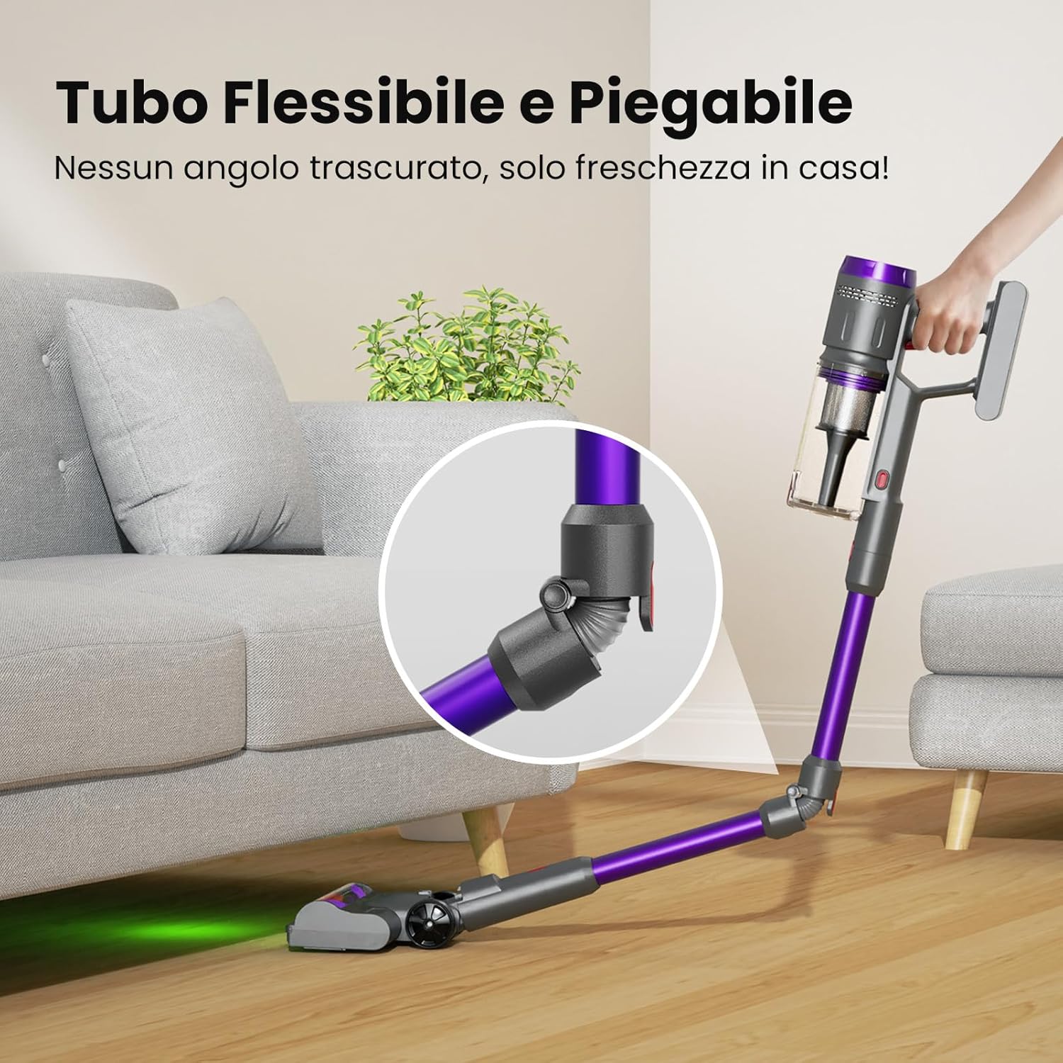 FURGO Flex V16 Aspirapolvere Senza Fili, 600W/58000Pa/80Min, Scopa Elettrica Senza Fili con Tubo Pieghevole, Tubo Estensibile da 1m, Srotolatore di Peli di Animali, Per Pavimenti/Tappeti