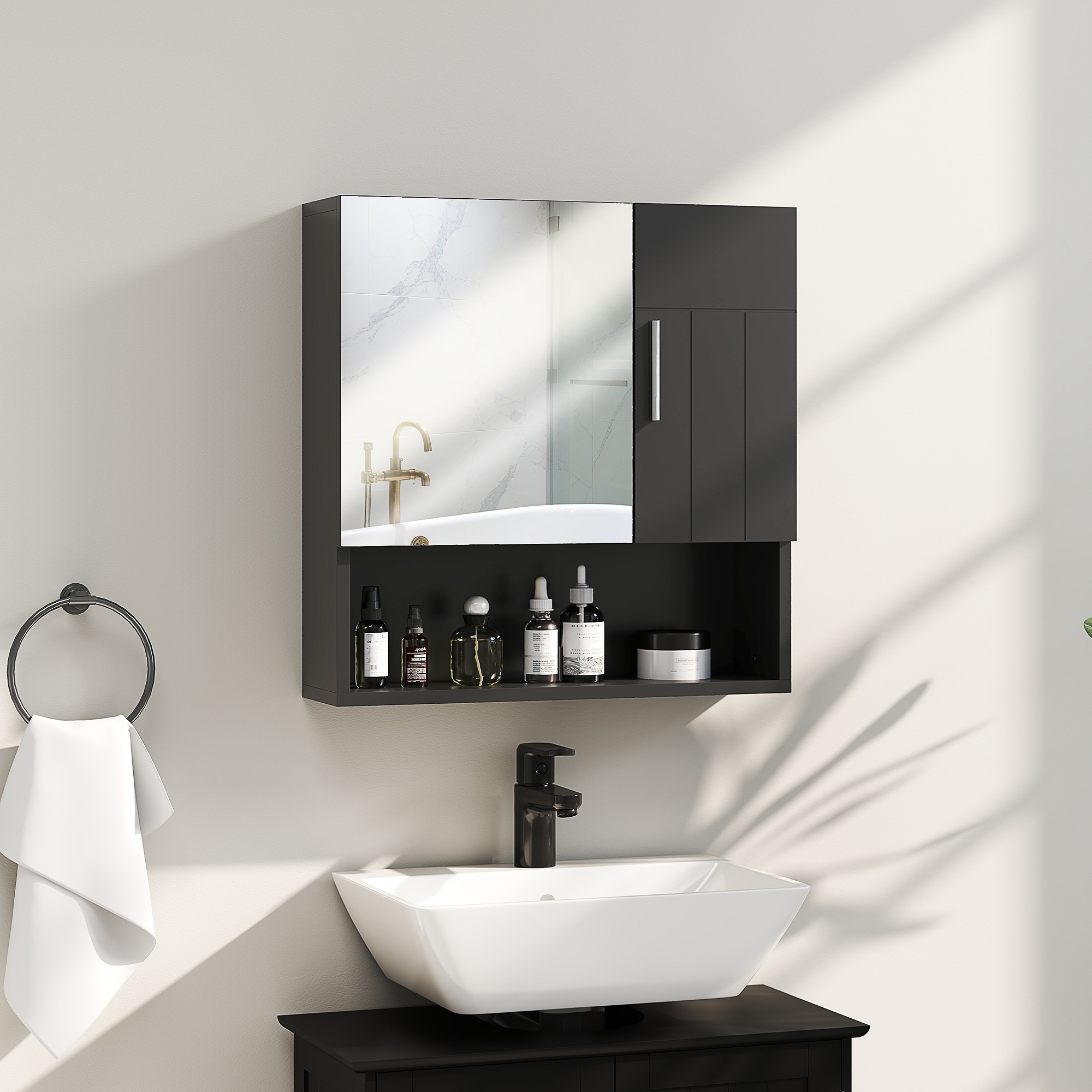 Kleankin Badezimmerschrank mit verstellbaren Regalen und offenem Regal, 54x15,2x55,3 cm, Schwarz