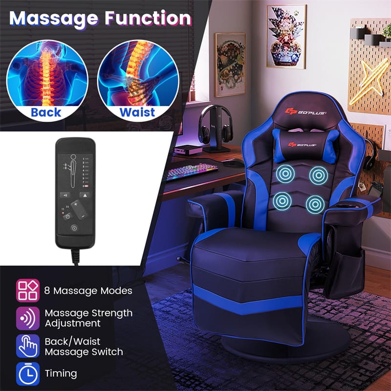 Ergonomic Gaming Recliner Chair with Massage, Retractable Footrest & Cup Holder, Height Adjustable Racing Style Swivel Video Game Chair