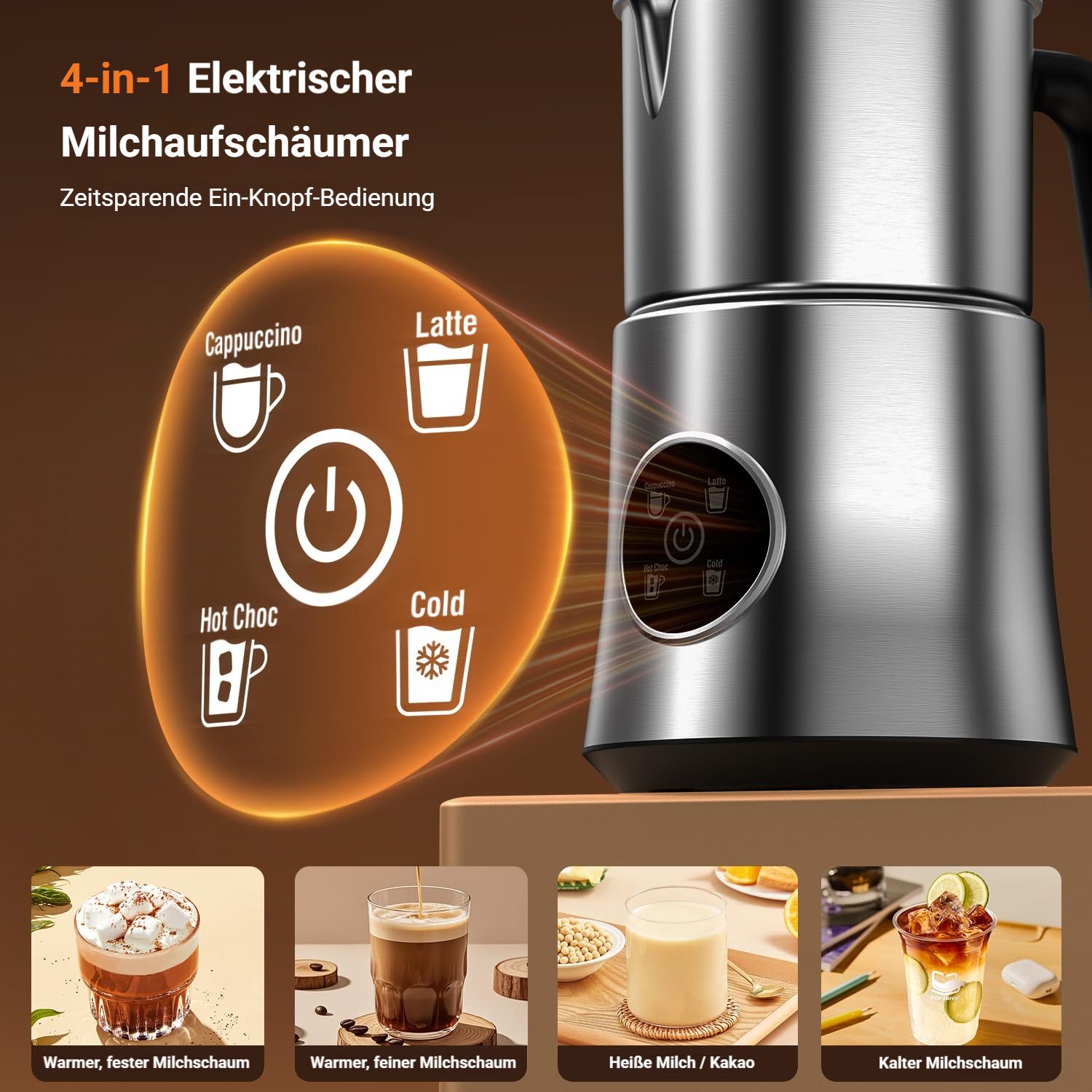 Milchaufschäumer Elektrisch 500ml, 4-in-1 für Kalt & Warm, 4 Programme, Edelstahl