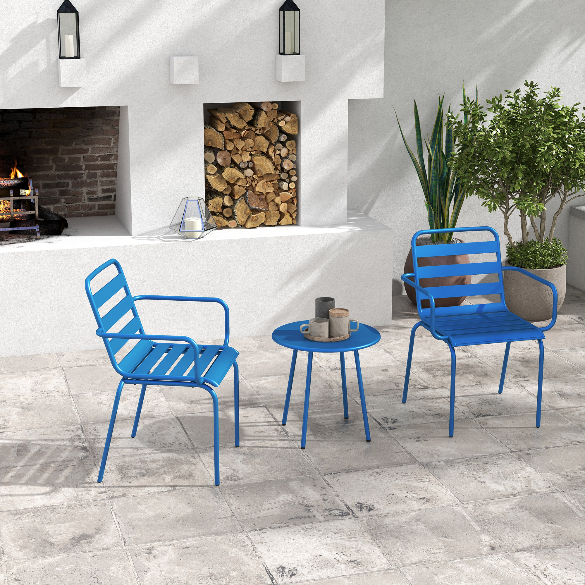 Outsunny 3-teiliges Gartenbistro-Set, Gartensitzgruppe mit 2 stapelbaren Stühlen mit Armlehnen + runden Beistelltisch aus Stahl