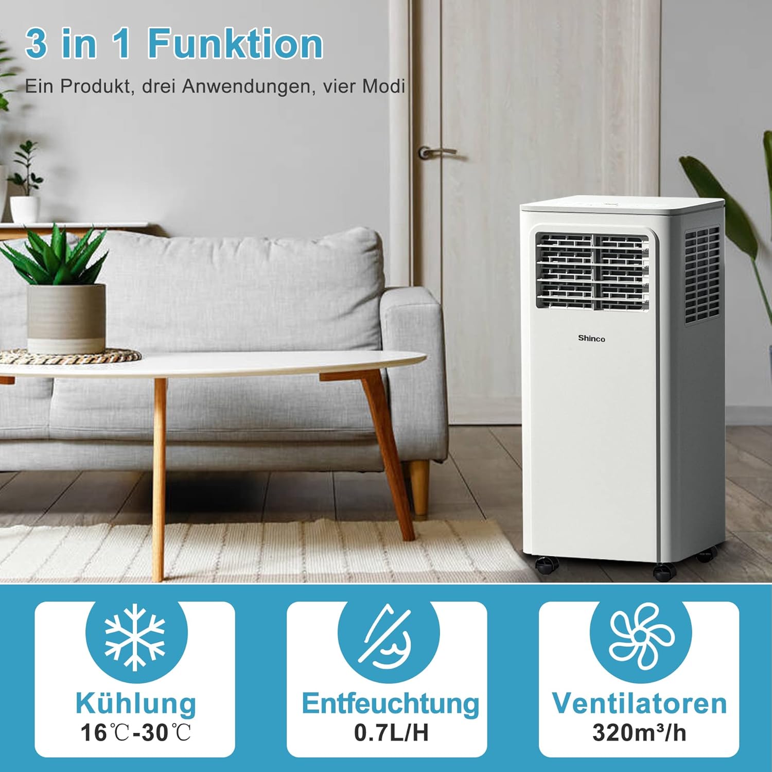 SHINCO Mobile Klimaanlage mit Abluftschlauch, 9000BTU, 2,6 kW, Kühlen&Ventilieren&Entfeuchten, Mobiles Klimagert mit Schlafmodus, Raumgre bis 22㎡, 24-Stunden-Timer