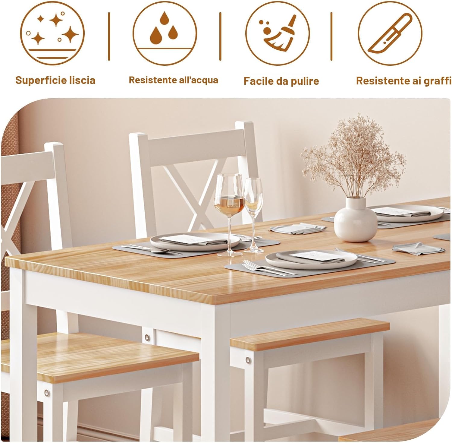 DlandHome Set di 5 pezzi tavolo da pranzo con 4 sedie, set di mobili da cucina in legno di pino teak/bianco