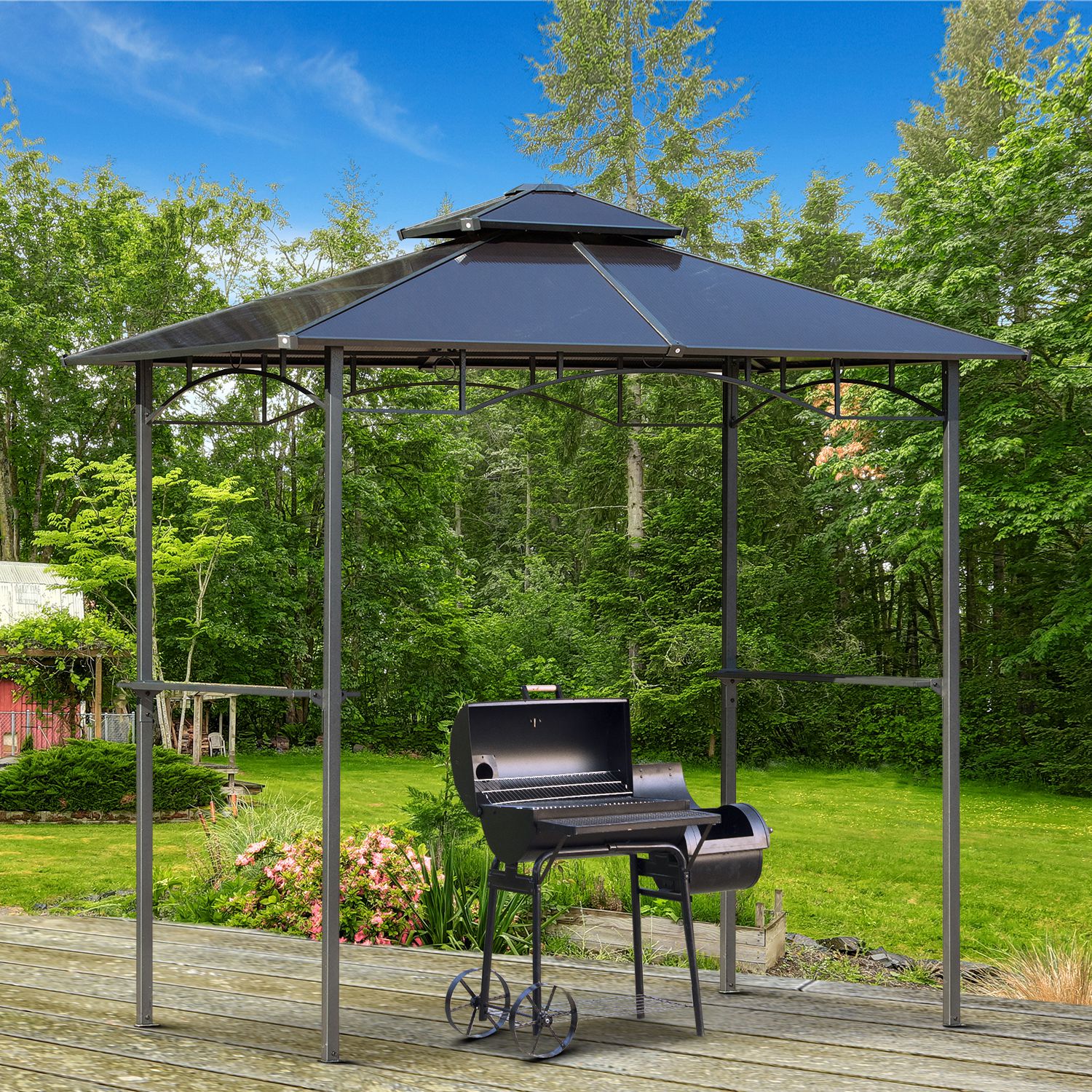 Outsunny Gartenpavillon 2,4 x 1,5 m - Grillabdeckung Steakhouse 2 Seitengestelle, Grilldach Aluminium-Metall Schwarz Polycarbonat-Dach