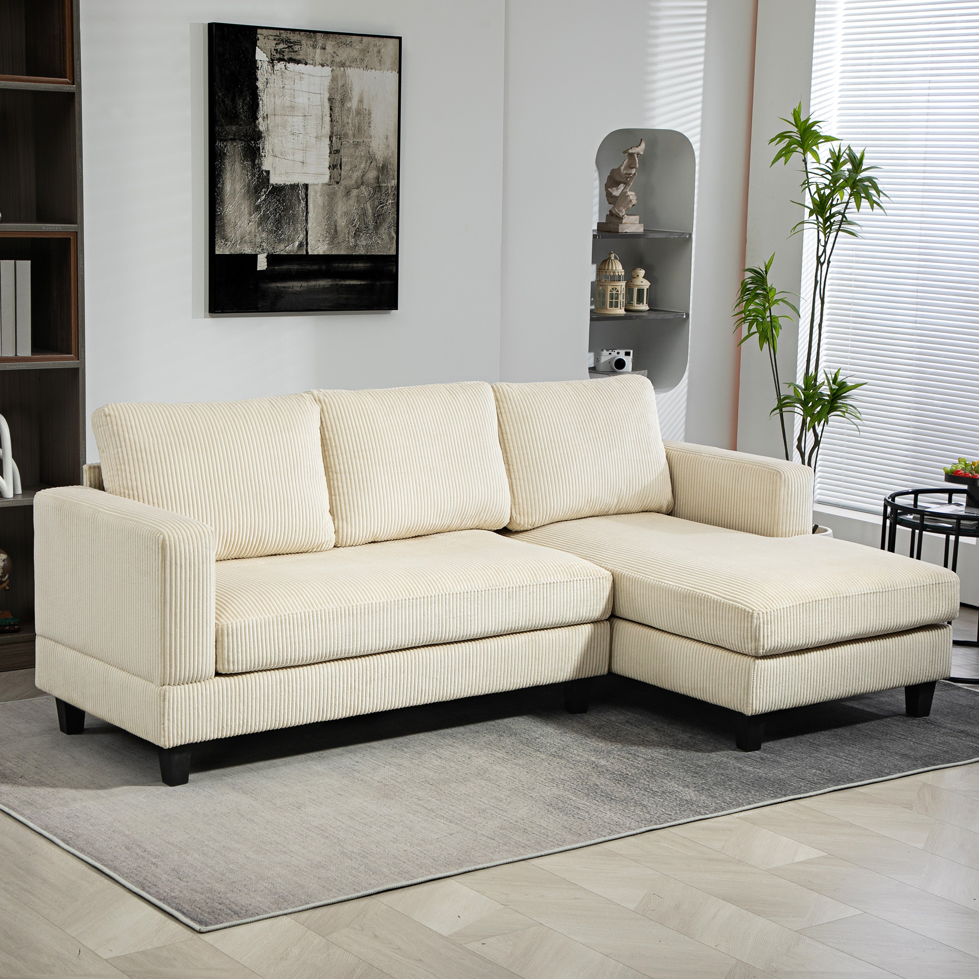 HOMCOM Ecksofa aus Rippvelours, 3-Sitzer Sofa mit Ottomane und dick gepolstertem Federkissen, Breite 214 cm, Beige