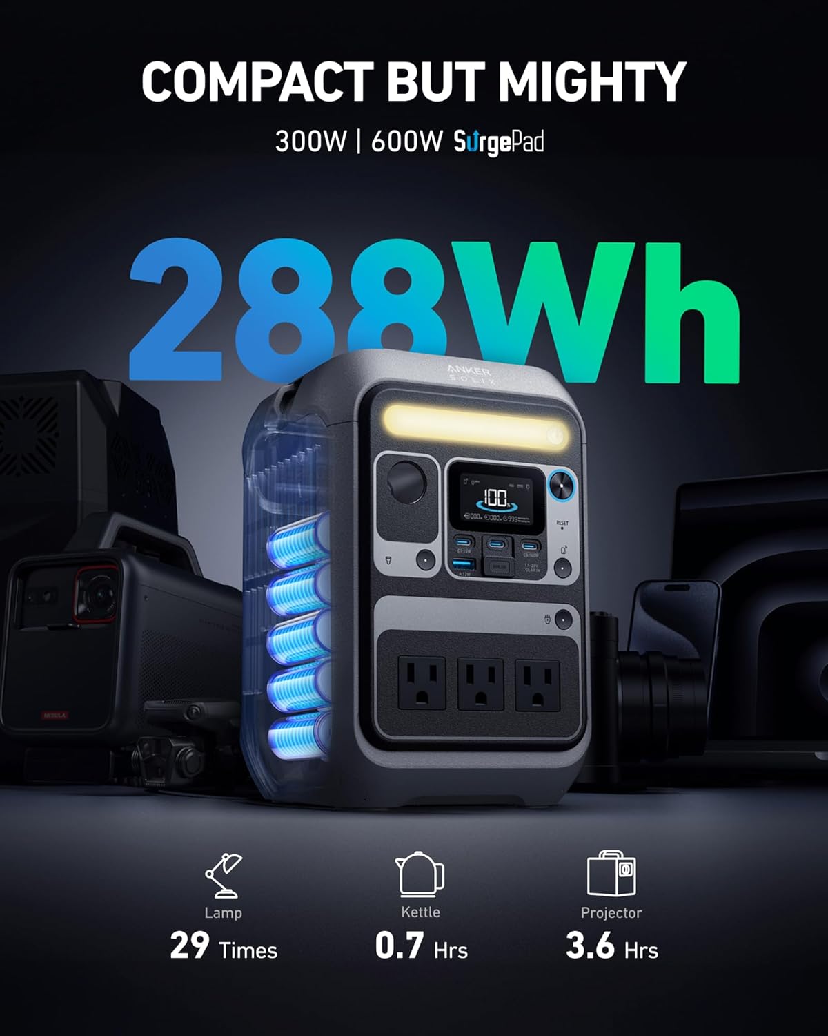 Anker Portable Power Station SOLIX C300  288Wh LiFePO4 Battery  300W (600W Surge) Solar Generator  140W Two-Way Fast Charging  for Outdoor Camping  Traveling  and Emergencies (Solar Panel Optional)