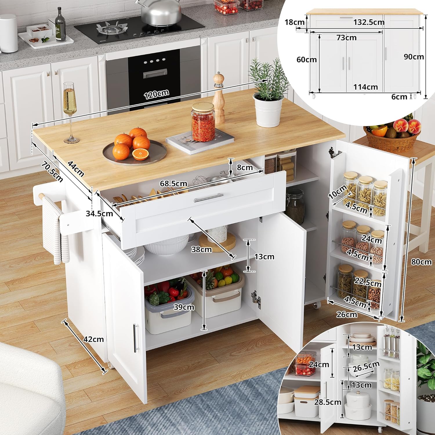 Mobiler Küchentisch, Arbeitsplatte Klappbar, Eiche Maserung, Multifunktionaler Schrank, Gewürzregal, Handtuchhalter, 5 Rollen, Weiß Geeignet für Küche/Essen/Haus