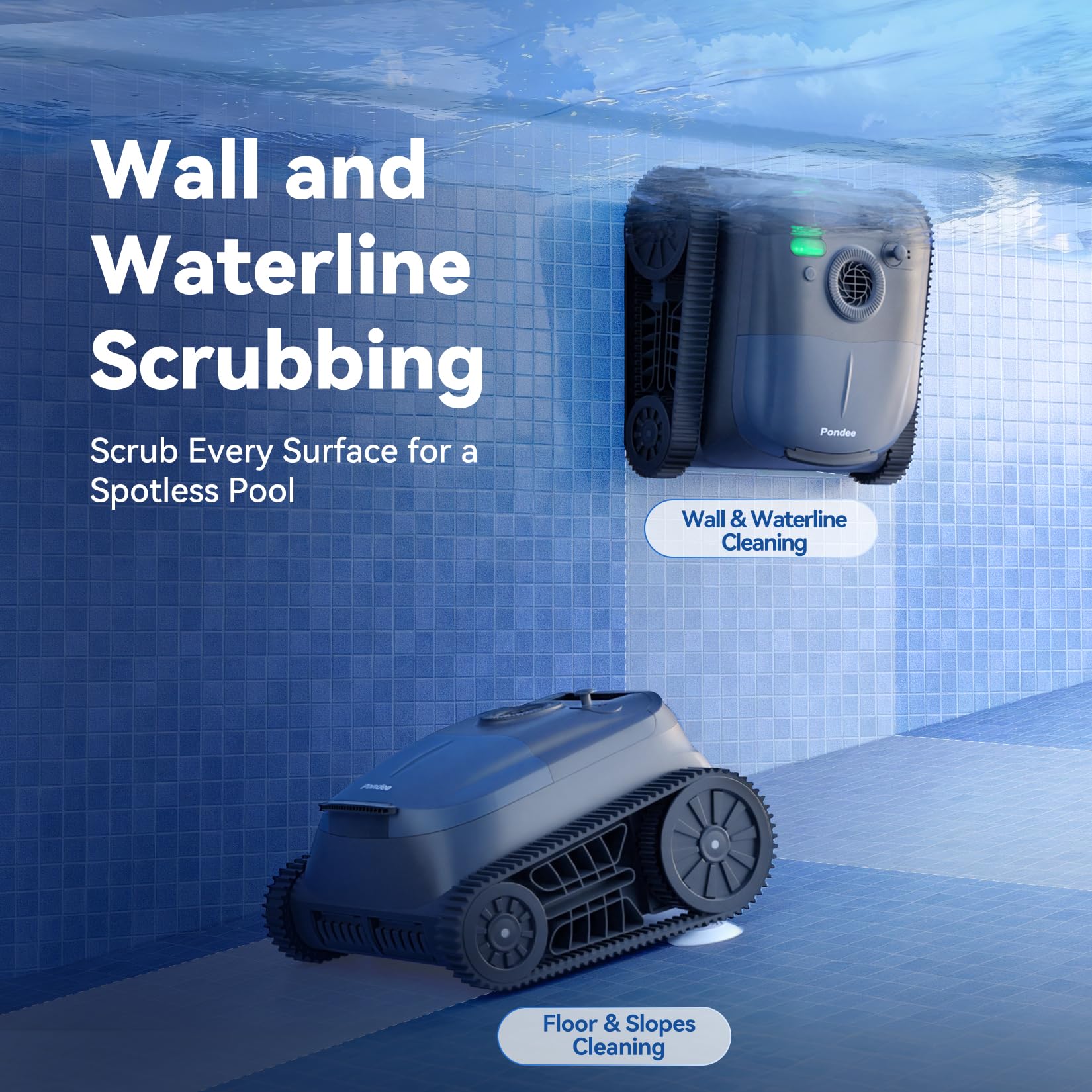 Akku Poolroboter AtlasRobo X5 für Wand, Boden und Wasserlinie, 21 m³/h Saugkraft, 180 Min Laufzeit, bis 300 m²