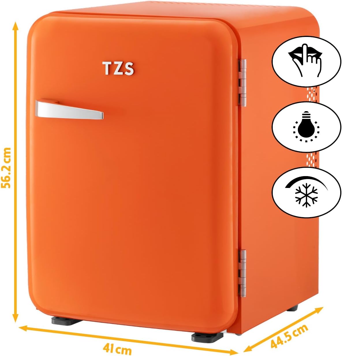 TZS First Austria - Retro Mini Kühlschrank 40L lautlos - Kleiner Minikühlschrank im Vintage-Design mit Innenbeleuchtung & 2 Türfächern - Minibar für Camping, Büro, Schlafzimmer & Hotel - orange