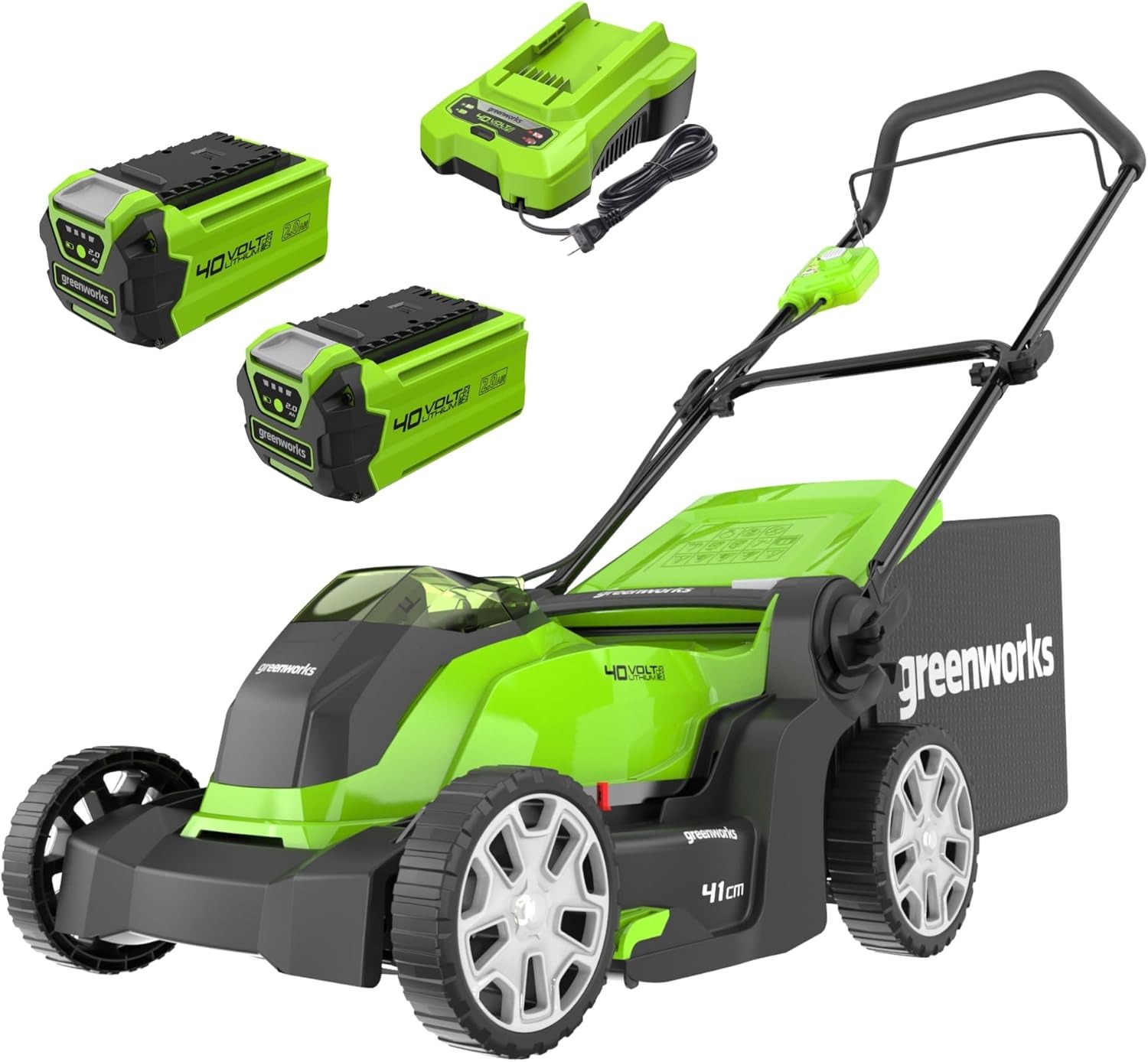 Greenworks 40V Tagliaerba a Batteria per Prati Fino a 500m², Ampiezza di Taglio 41cm, Sacca da 50L CON Due Batterie 40V 2Ah e 1 Caricabatterie, Garanzia 3 Anni-G40LM41K2X