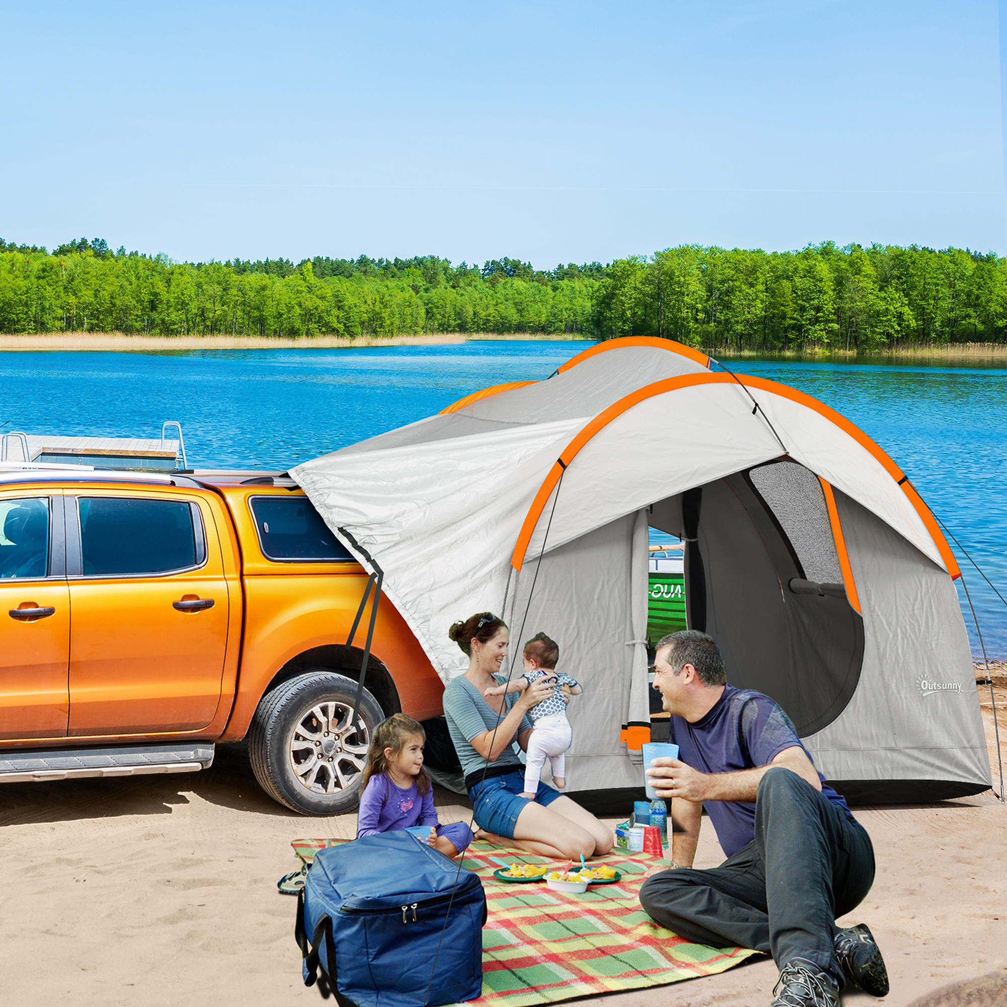 Outsunny Autozelt Campingzelt, 3 Türen, wetterbeständig, 239cm x 210cm x 210cm, Orange + Grau