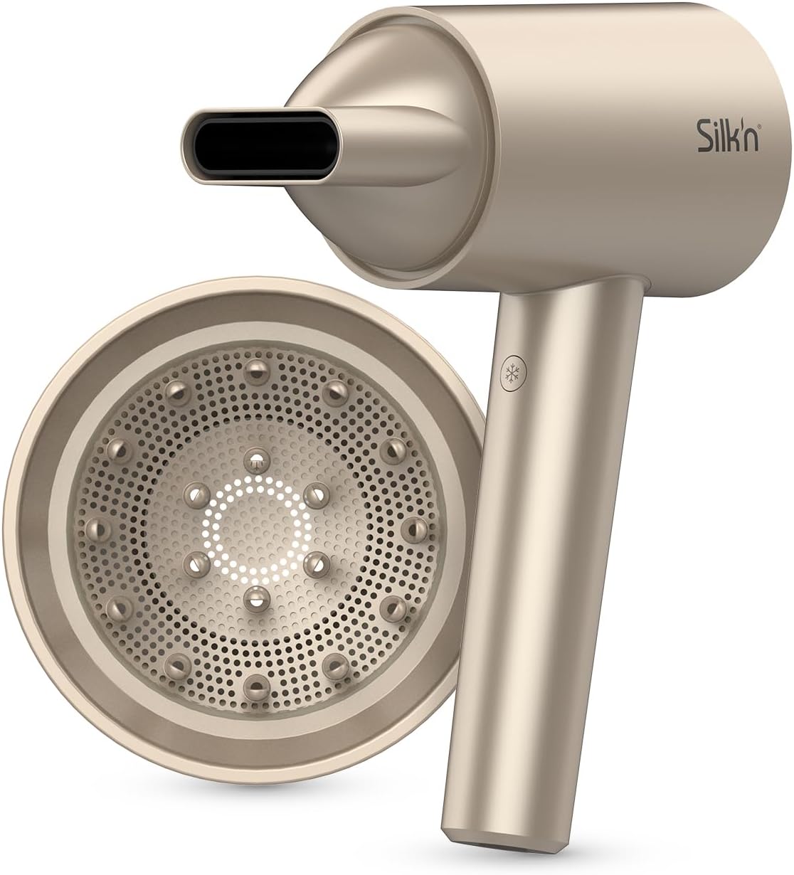 Silk'n Haartrockner I SilkyAir Pro HDB003 I Premium Föhn mit bürstenlosem Motor und Wasser-Ionen-Technologie I 3 Aufsätzen, hitzebeständiger Matte und Reiseetui, 1600 W, Champagner