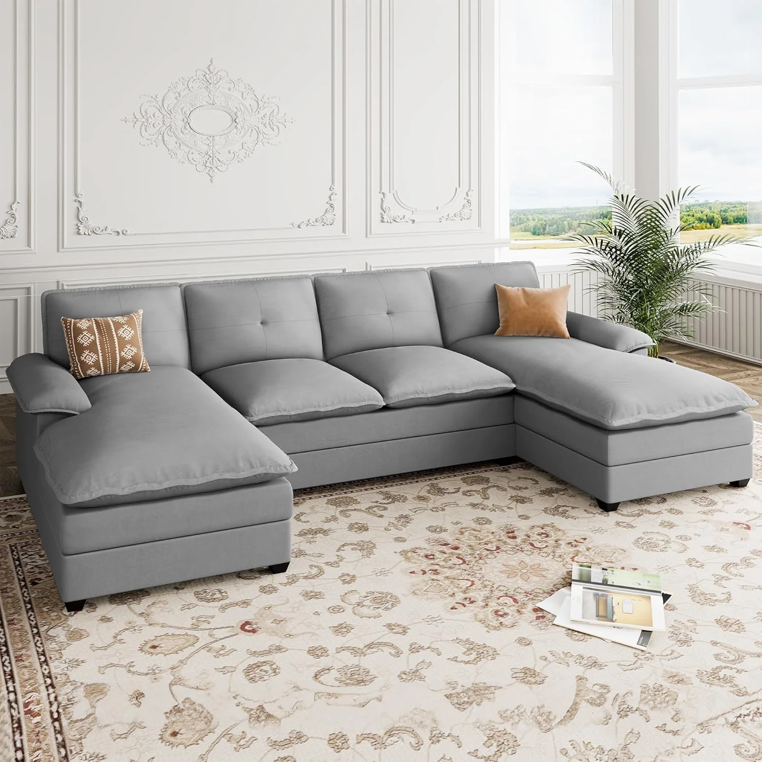 110 Inch U Shaped Sectional Sofa with Double Chaise Black