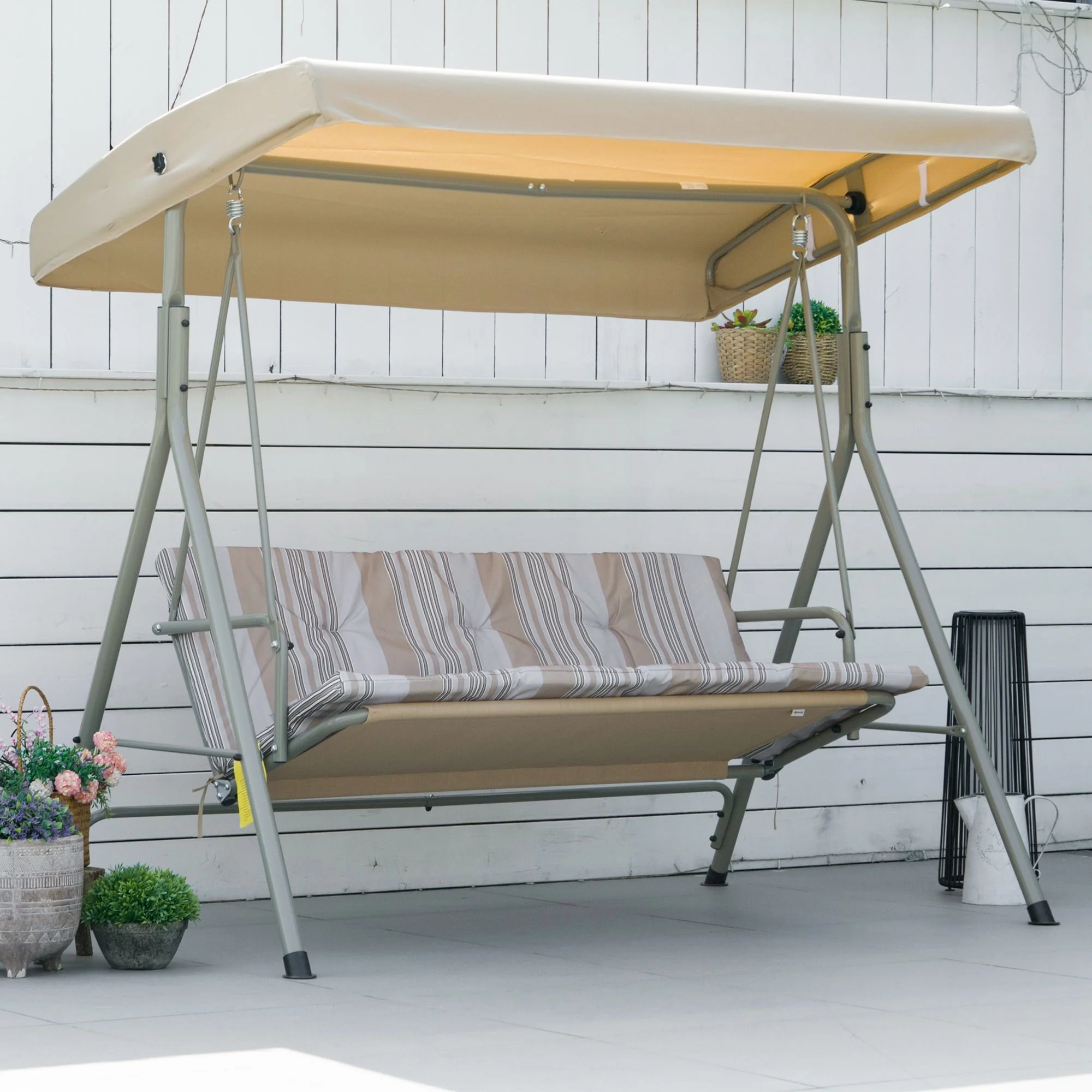 Easycomfort Dondolo da Giardino 3 Posti in Acciaio con Tetto Regolabile, Cuscini e Braccioli, 172x110x156cm
