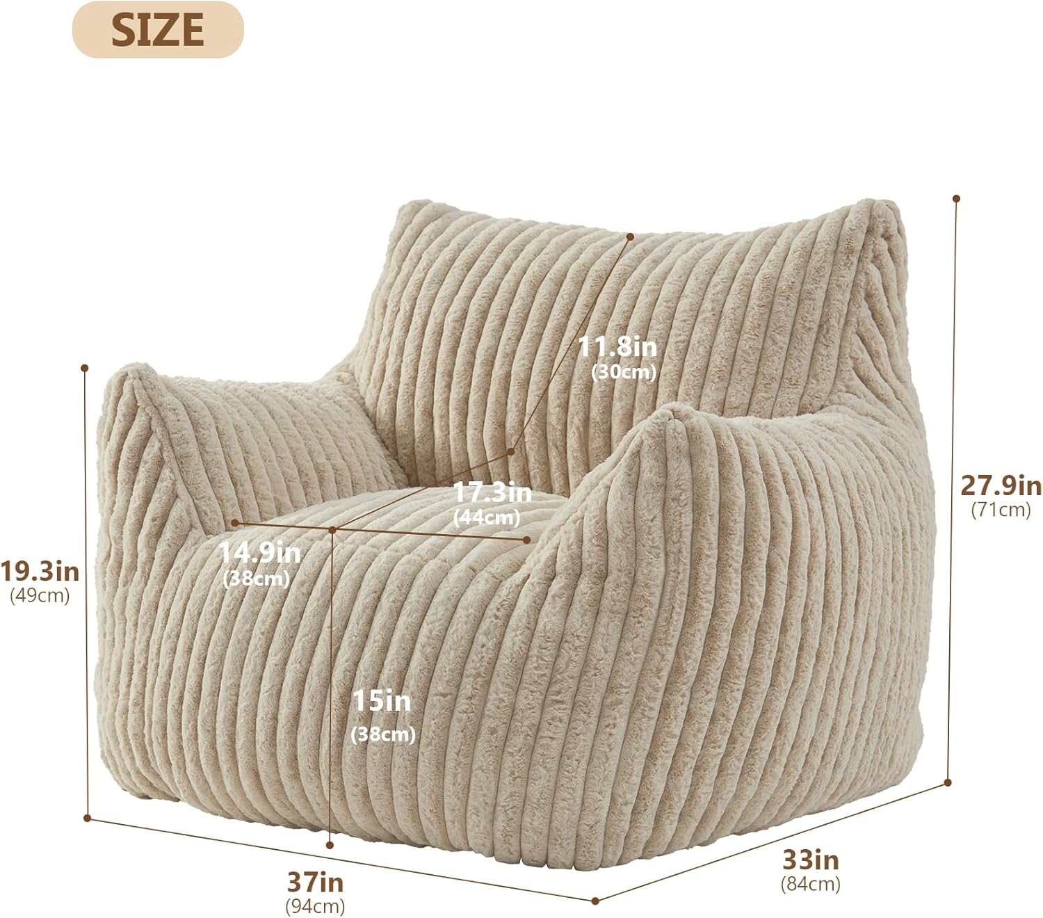 Giant Bean Bag Chairs for Adults Teens, Large Bean Bag Sofa Chairs with Filling Comfy Fuzzy BeanBag Chair with Armrests for Bedroom Living Room Reading