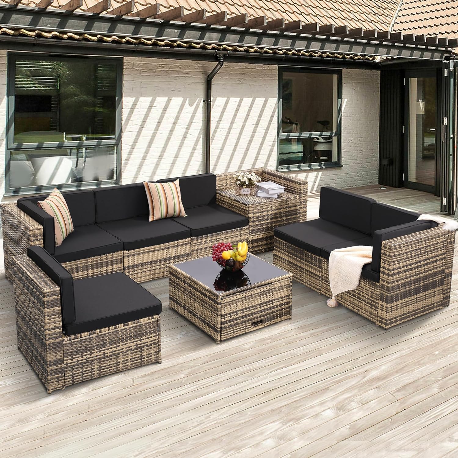 8-Piece Patio Furniture Set  Outdoor Wicker Rattan Sectional with Thick Cushions  Glass Top Table with Hidden Storage  Outdoor Conversation Set for Backyard  Porch  Patio  Black