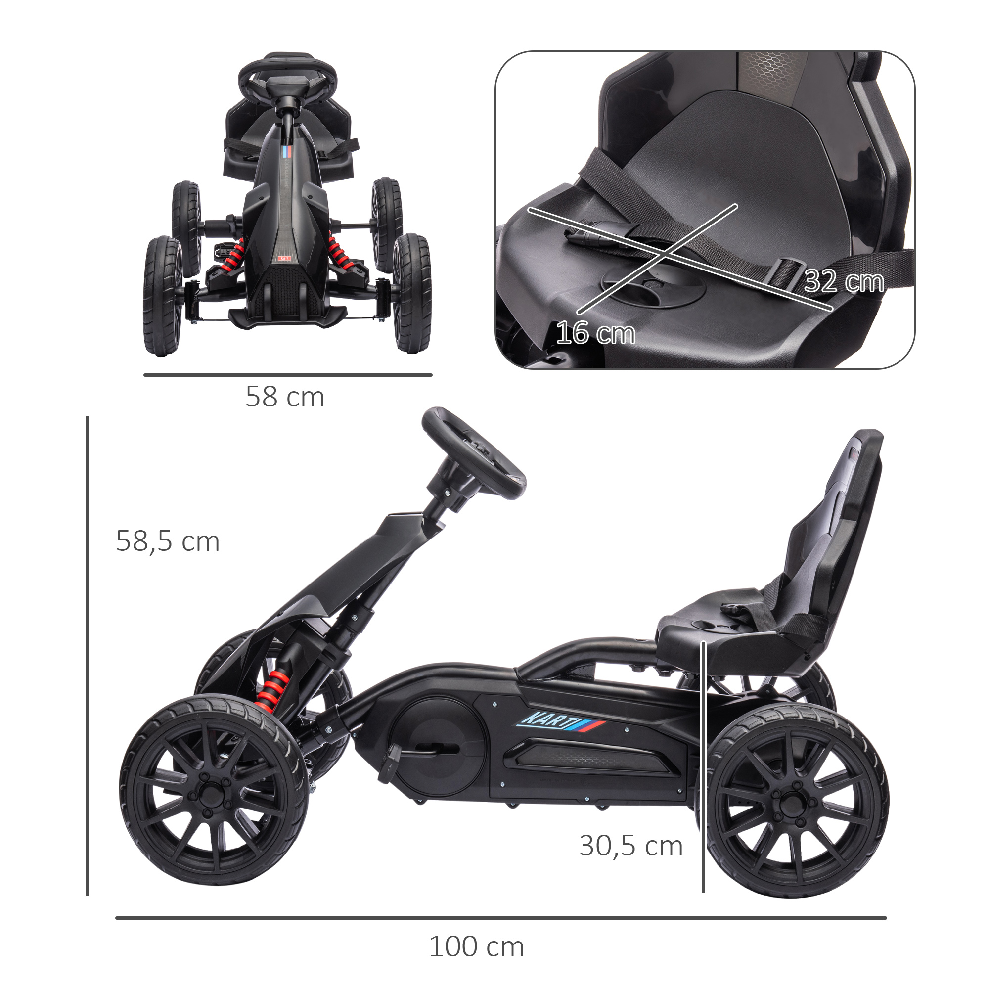 Go-Kart Kinderrijtuig met Verstelbare Zitting, Trapvoertuig, Trapauto met Handrem, 3-8 Jaar, Buiten, Zwart