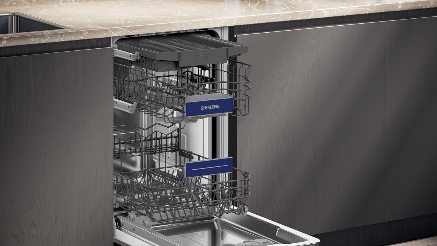 Siemens SR43ES25ME iQ300 Unterbau-Geschirrspüler, 45 cm, besonders leise, varioSpeed Plus, varioFlex Korbsystem und varioSchublade, autoOpen dry, aquaStop, Home Connect, Gebürsteter Stahl