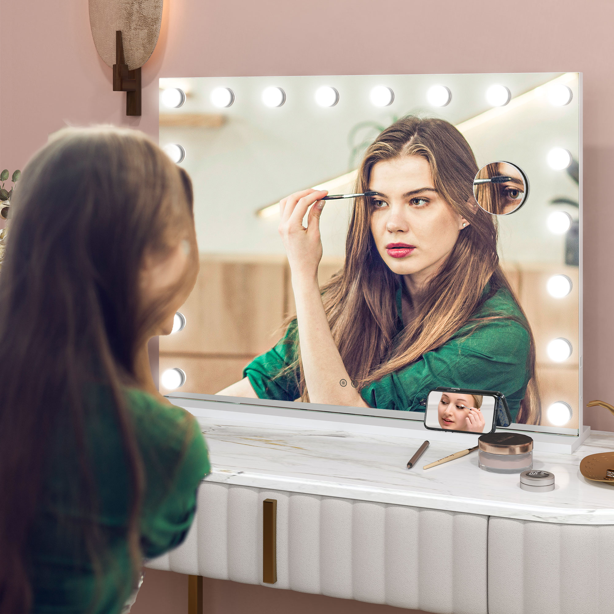 HOMCOM Einstellbarer LED-Spiegel mit Make-up-Beleuchtung und Vergrößerungsspiegel USB-Ladeanschluss, 80 x 62 cm