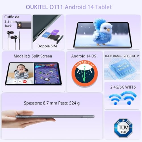 OUKITEL OT11 Tablet 11 Pollici, 16GB RAM 64GB ROM (1TB TF) 8000mAh Android Tablet con Penna, 13 MP  5MP Camera, Android 14 Tablet in Offerta con Octa Core,1920 × 1080 HD IPS, 5G WiFi, Widevine L1, TUV : Informatica