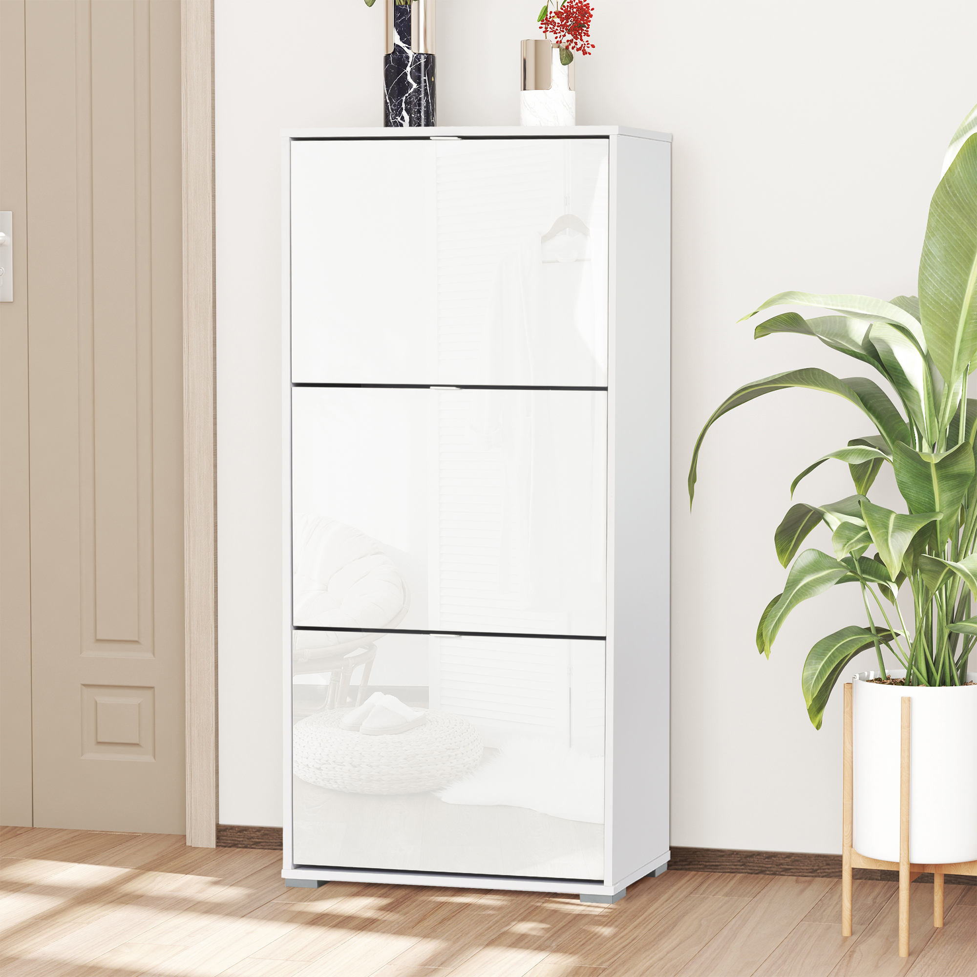HOMCOM Schuhschrank Schuhschrank 3 aufklappbare Türen 3 Fächer aus Holz 60B x 26T x 124H cm Lackweiß