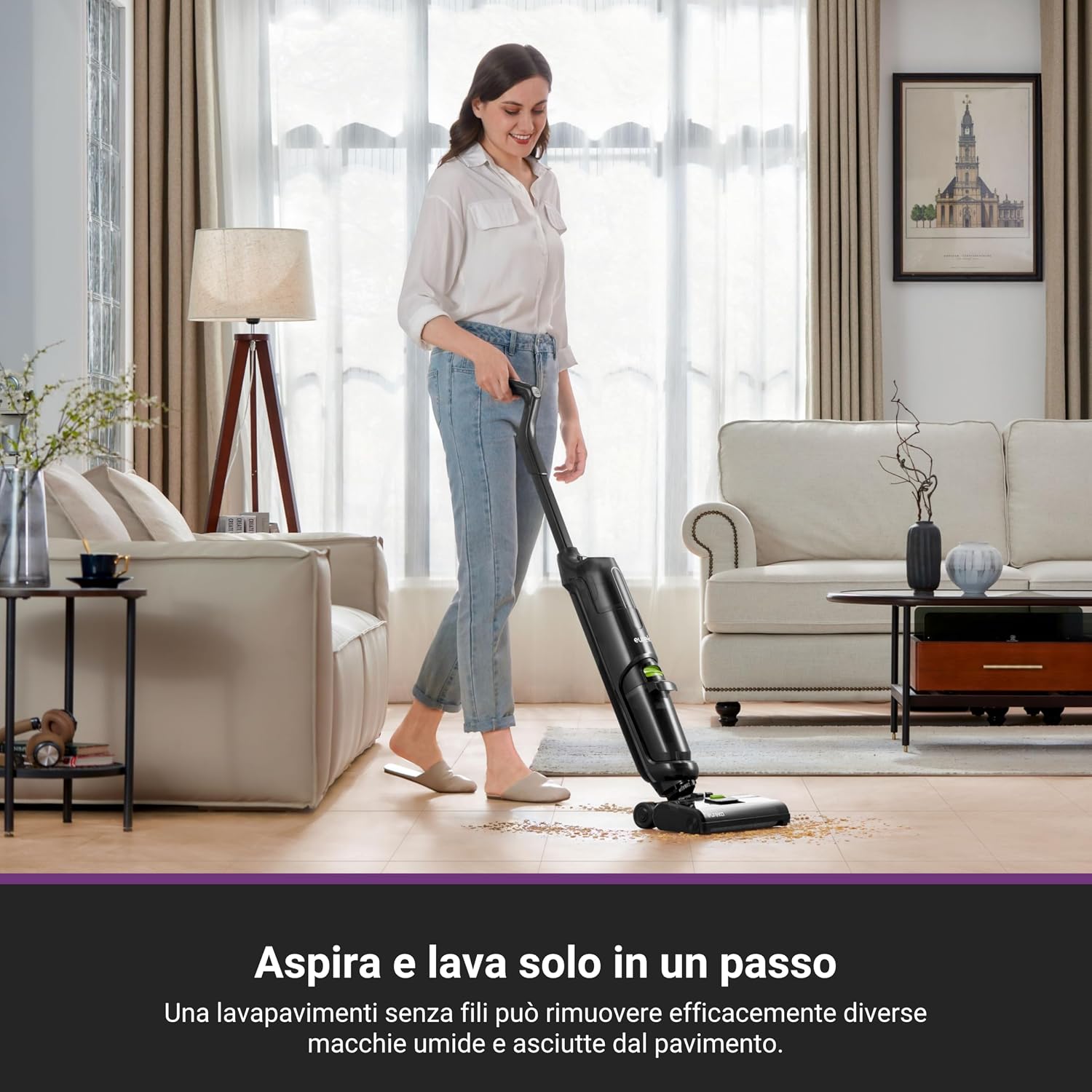 EUREKA NEW400 Lavapavimenti Senza Fili, Aspira e Lava in un Passaggio, 3,95kg Ultraleggero, Autopropulsione, 600ml+400ml Doppio Serbatoio, Batteria 2500mAh×6, Pavimento Asciutto 90%