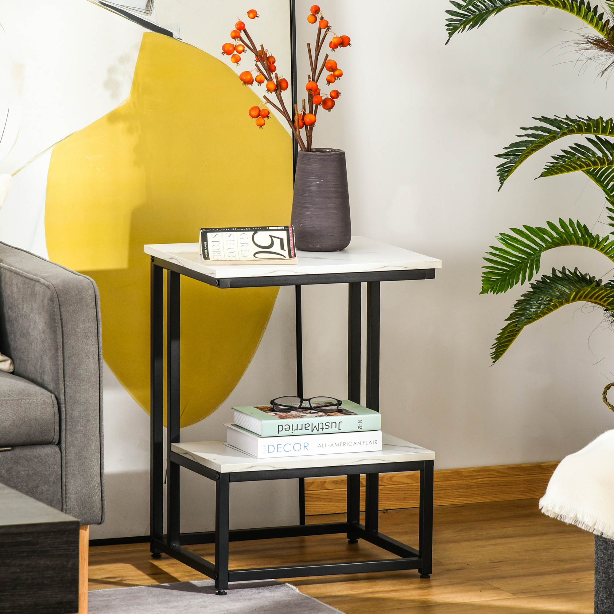 HOMCOM Moderne Couchtisch Wohnzimmer Beistelltisch Schlafzimmer Stahlrahmen schwarzes Tablett Regal weiße Marmor-Optik