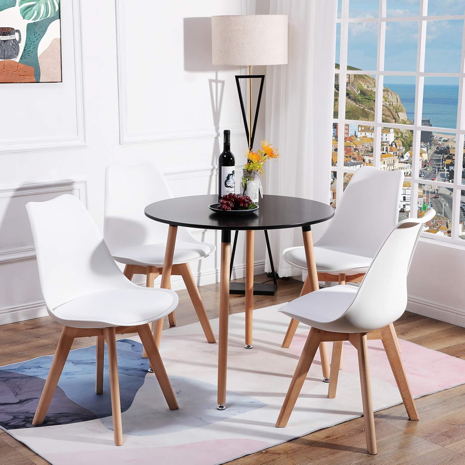 EGGREE Set of 4 Dining Office Chair with Solid Beech Legs Armless Chairs Padded Design for Maximum Comfort White