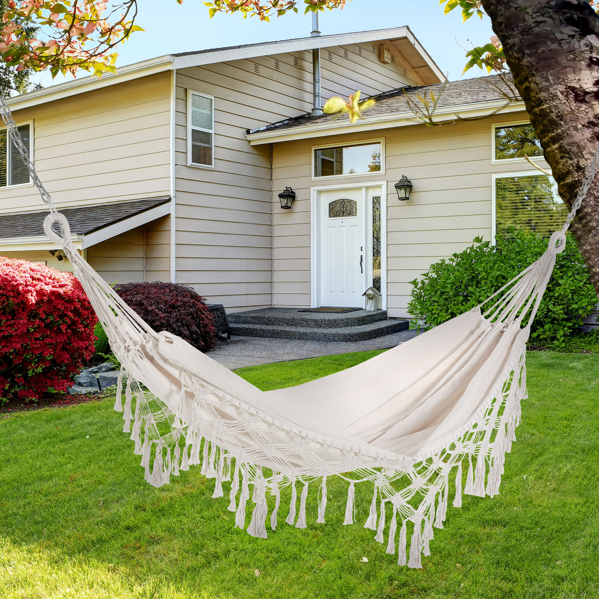 Outsunny Hängemattentuch Reisehängematte im angesagten Bohème-Chic-Stil Maße 2,88m L x 1,5m B Baumwolle Polyester Beige