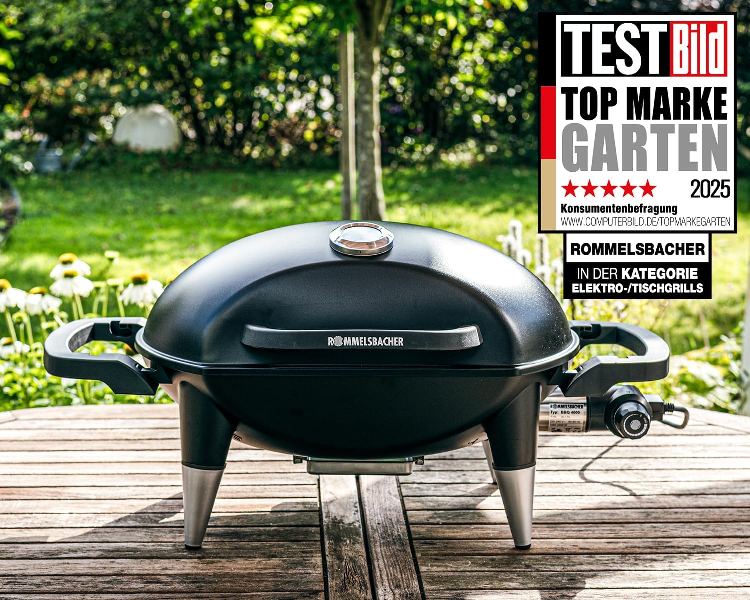 ROMMELSBACHER Barbecue Grill BBQ 4000, 2 pezzi, griglia in ghisa, coperchio a cerniera con indicatore di temperatura, temperatura fino a 300 °C, espandibile con carrello per barbecue, 2200 W