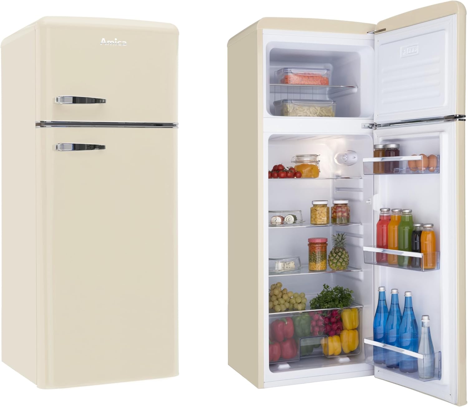 Amica KS 15615 B Retro Kühlschrank mit Gefrierfach / Coffee Cream (Beige) / 88cm (H) x 55cm (B) x 62cm (T) / Retro-Design